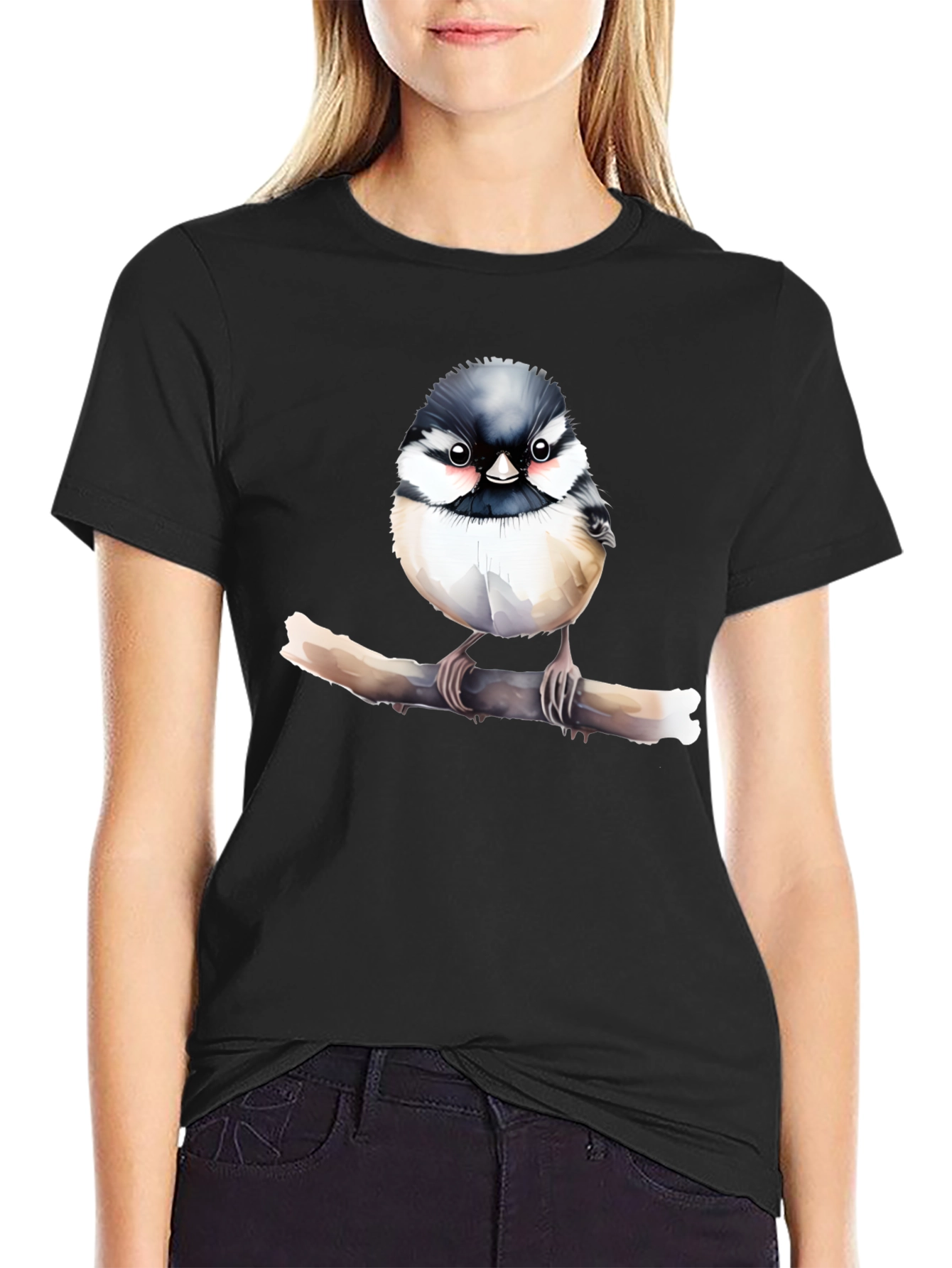 Cute Bird on Branch Black T-Shirt