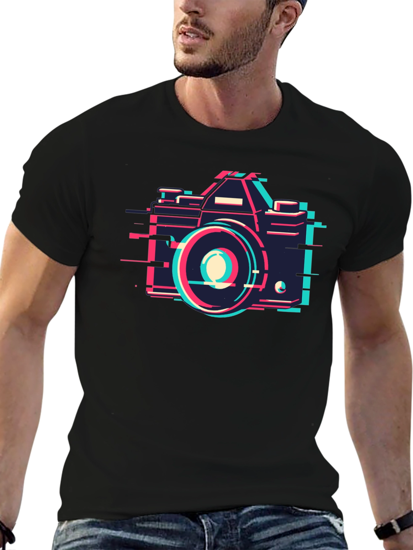 Retro Glitch Camera Graphic Tee - Black