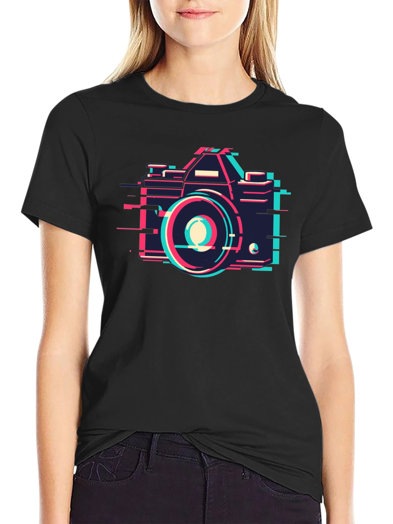 Retro Glitch Camera Graphic Tee - Black