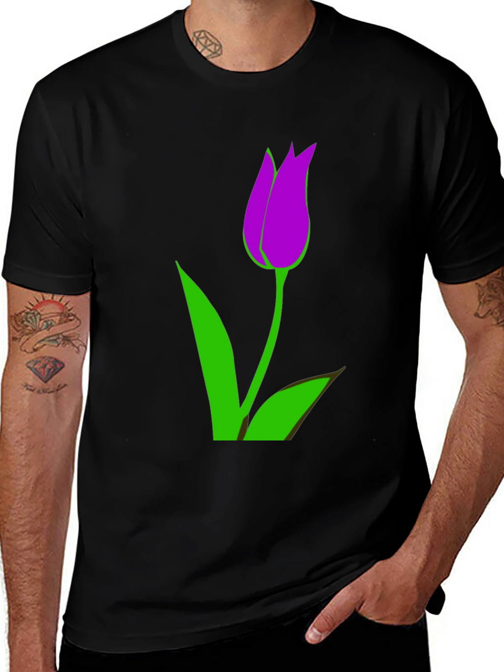 Mens Black T-Shirt with Purple Tulip Graphic