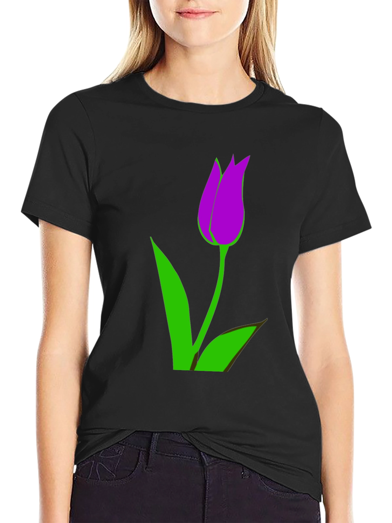 Mens Black T-Shirt with Purple Tulip Graphic