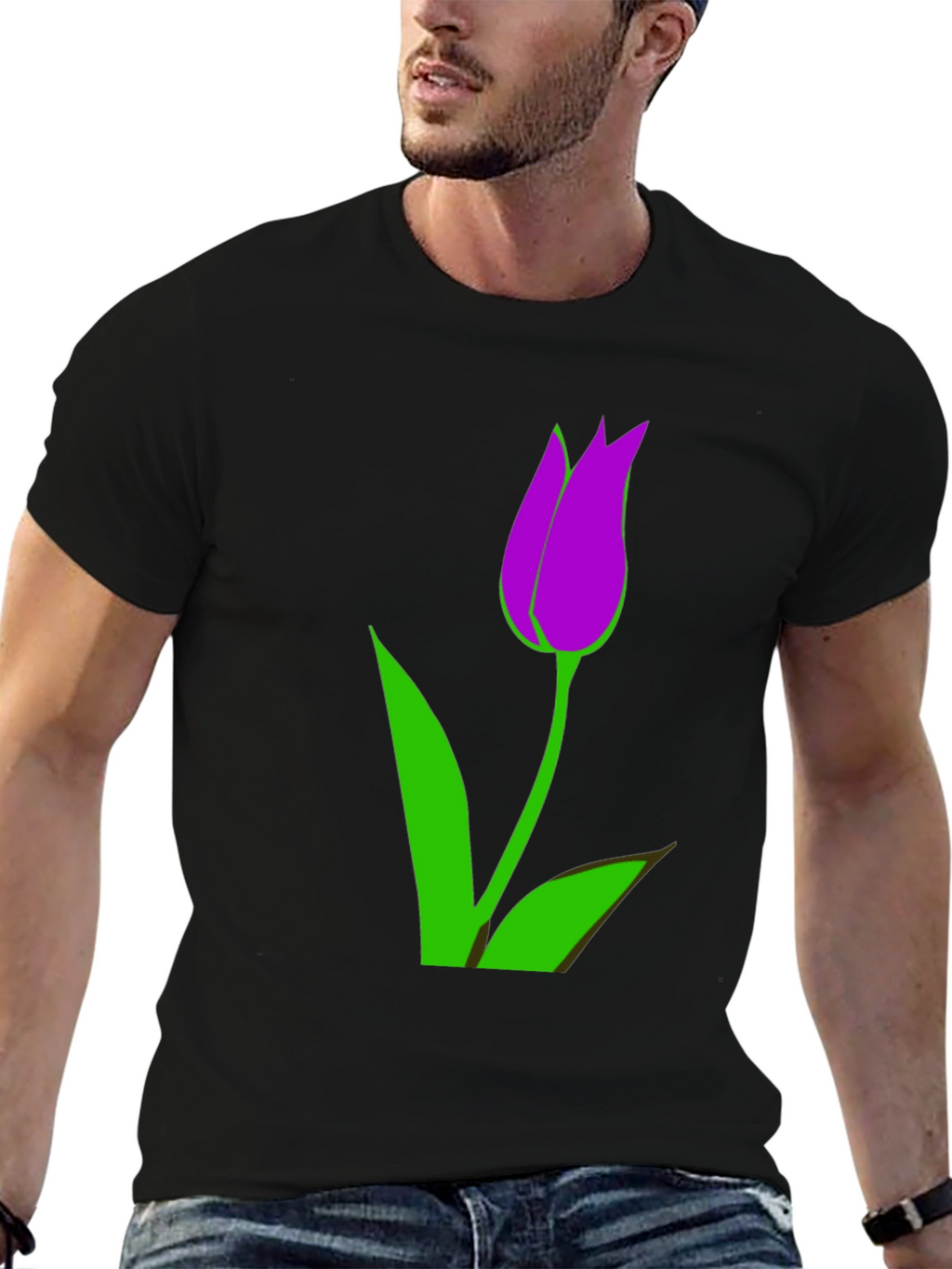 Mens Black T-Shirt with Purple Tulip Graphic