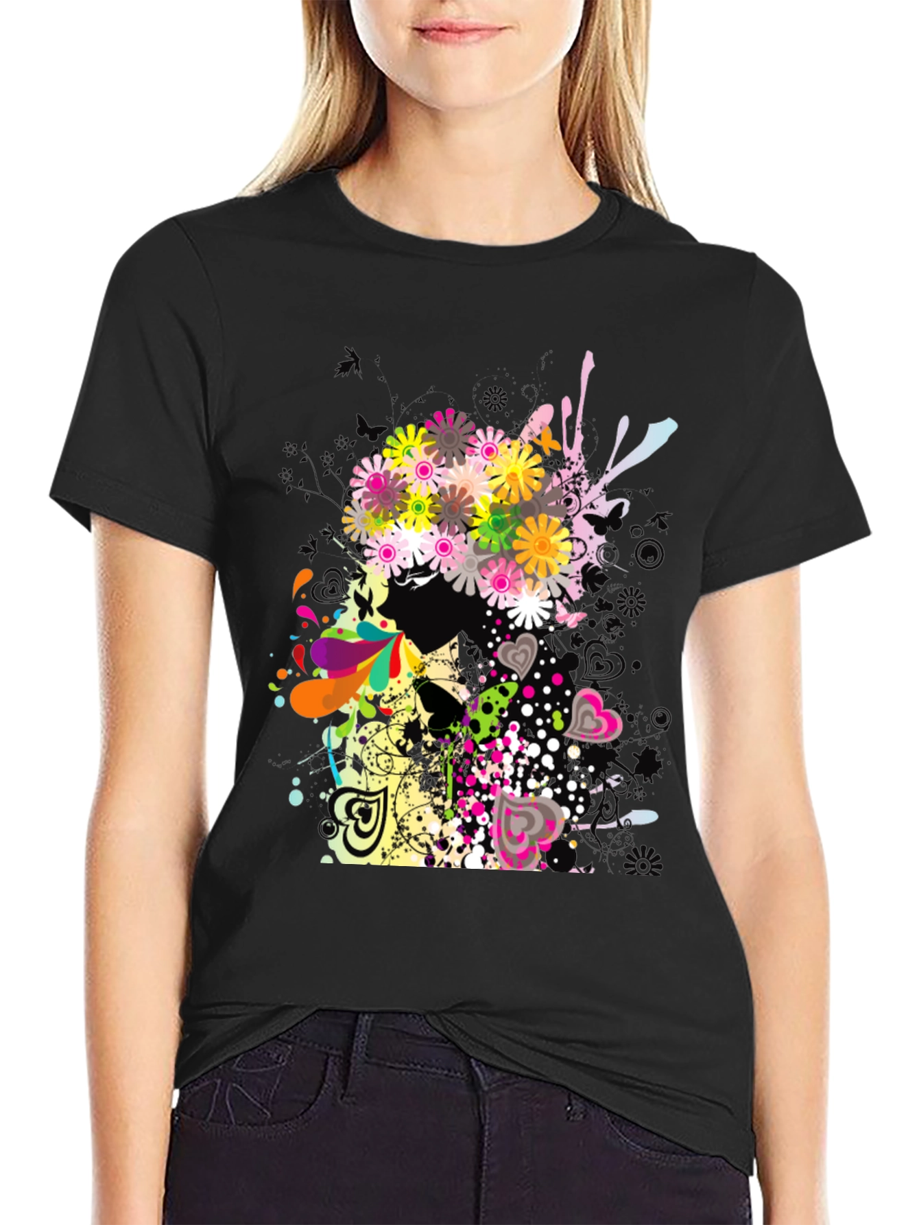 Floral Skull Graphic Black T-Shirt