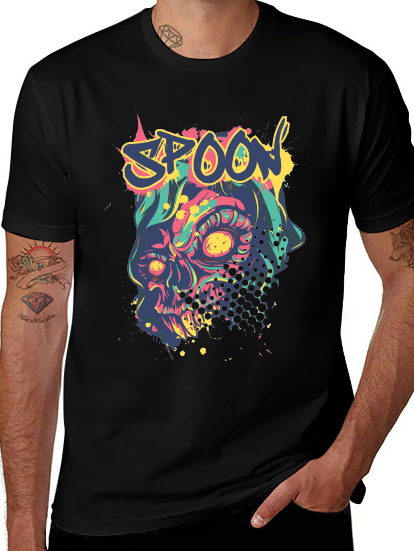 Spoon Skull Graphic Tee - Trendy Mens Black T-Shirt