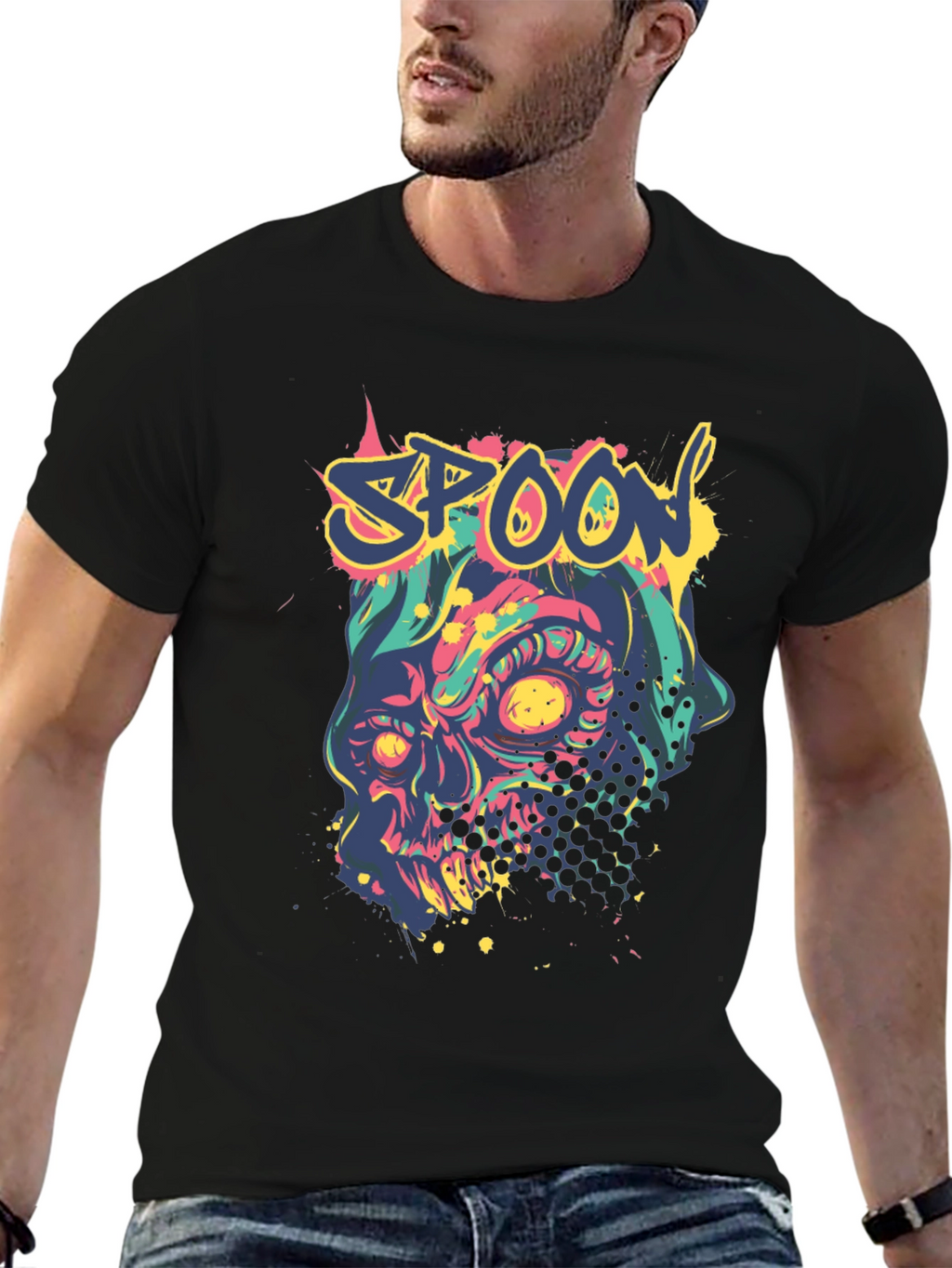 Spoon Skull Graphic Tee - Trendy Mens Black T-Shirt