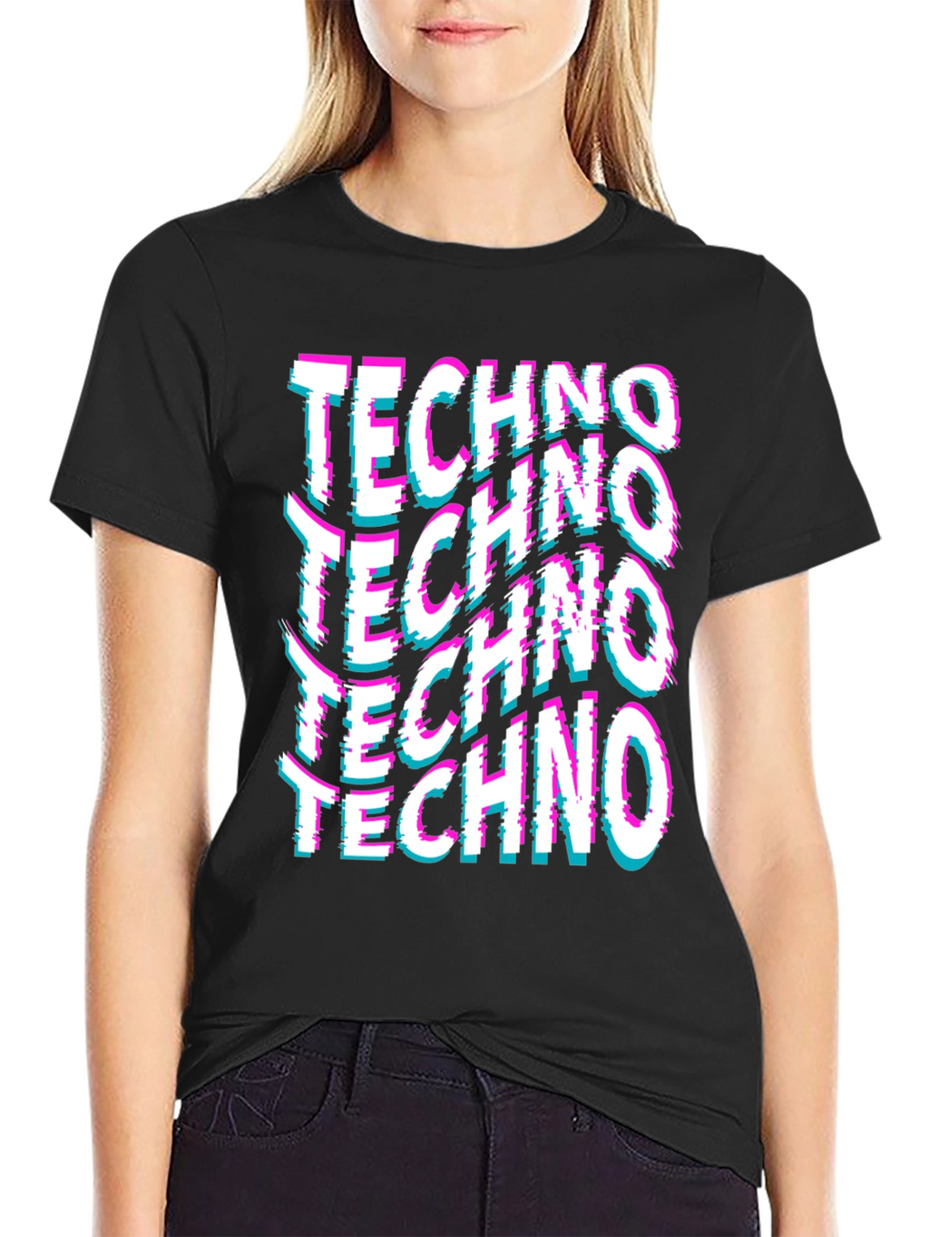 Techno Glitch Print Black T-Shirt