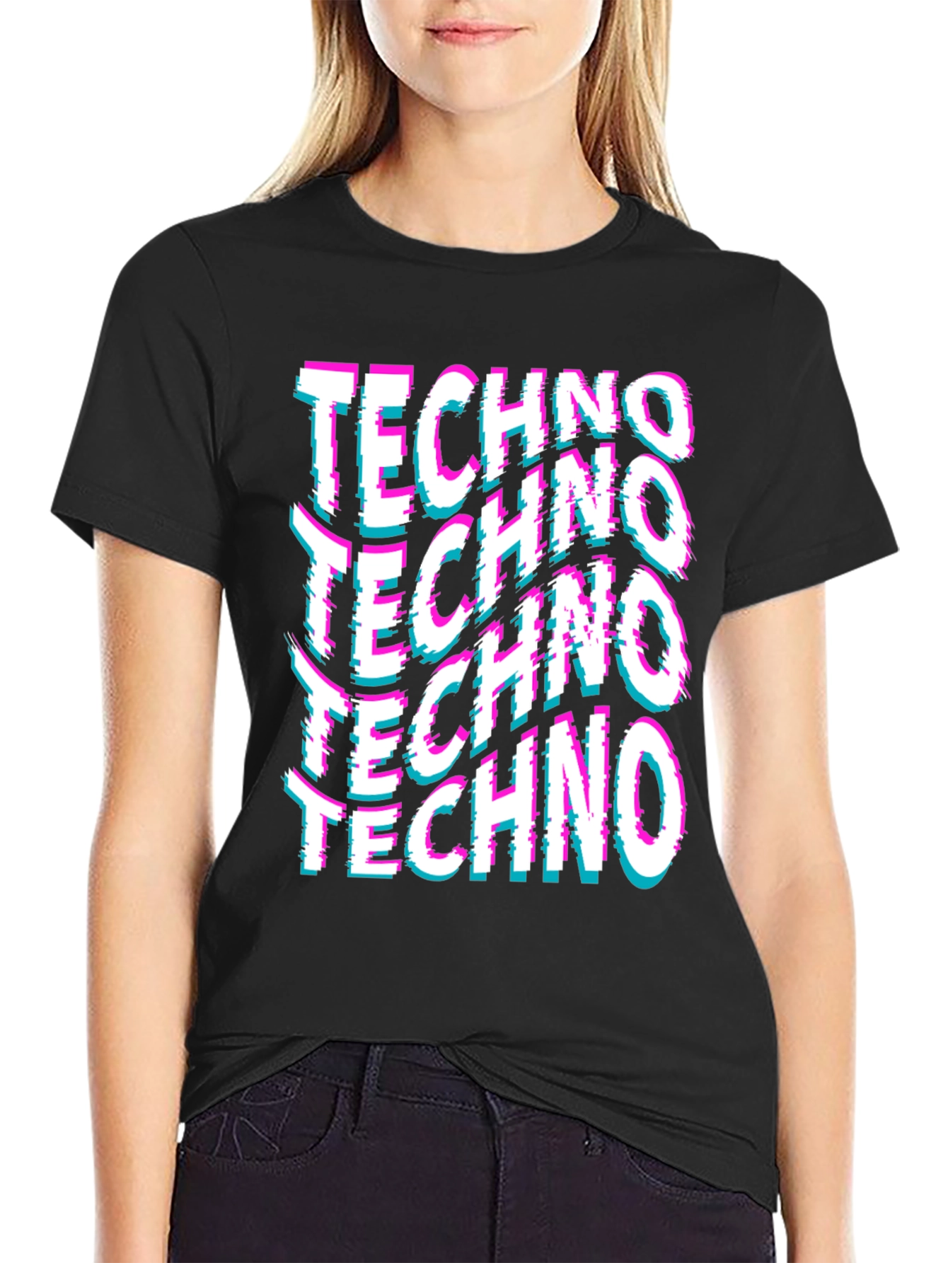 Techno Glitch Print Black T-Shirt