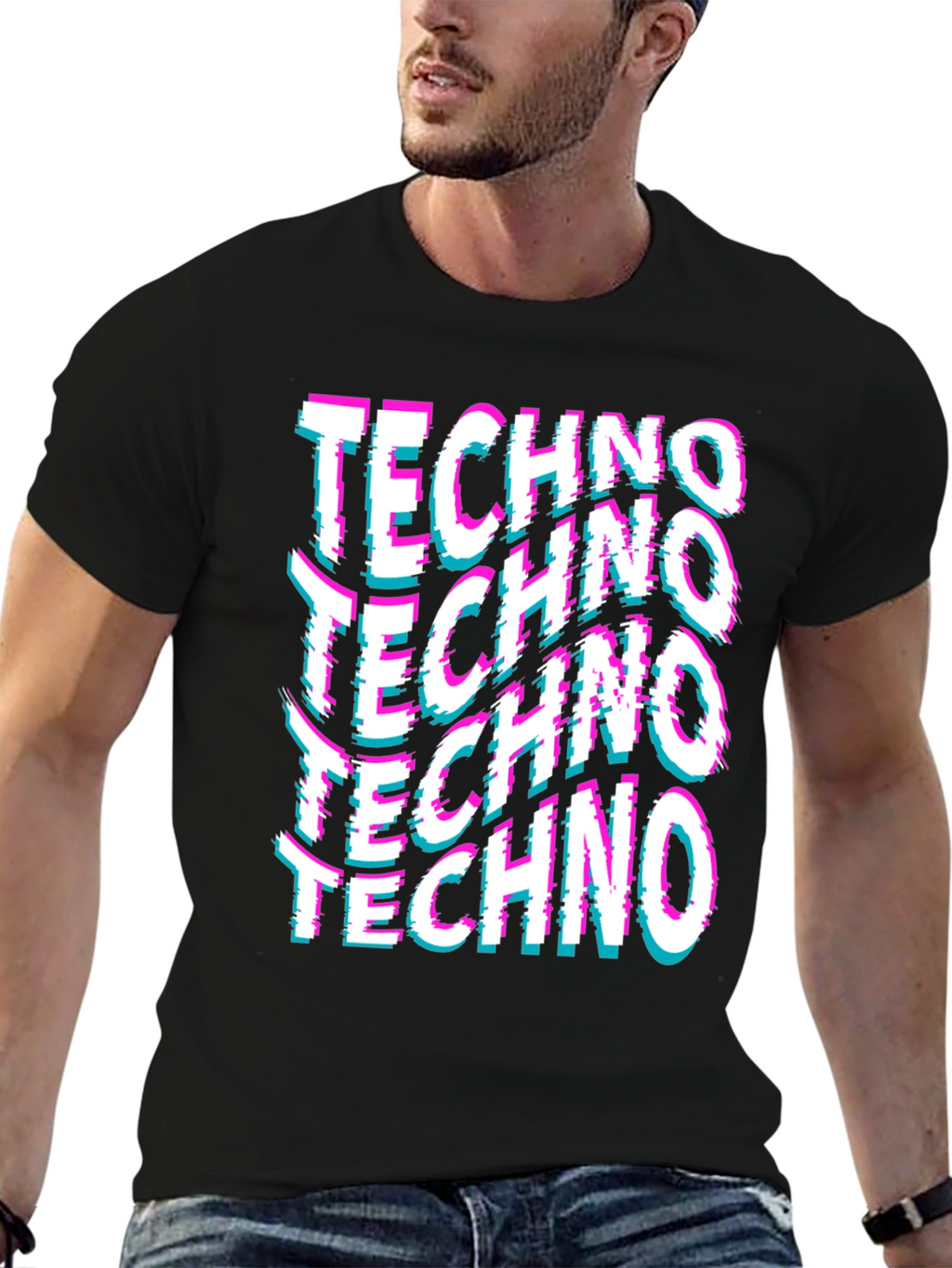 Techno Glitch Print Black T-Shirt