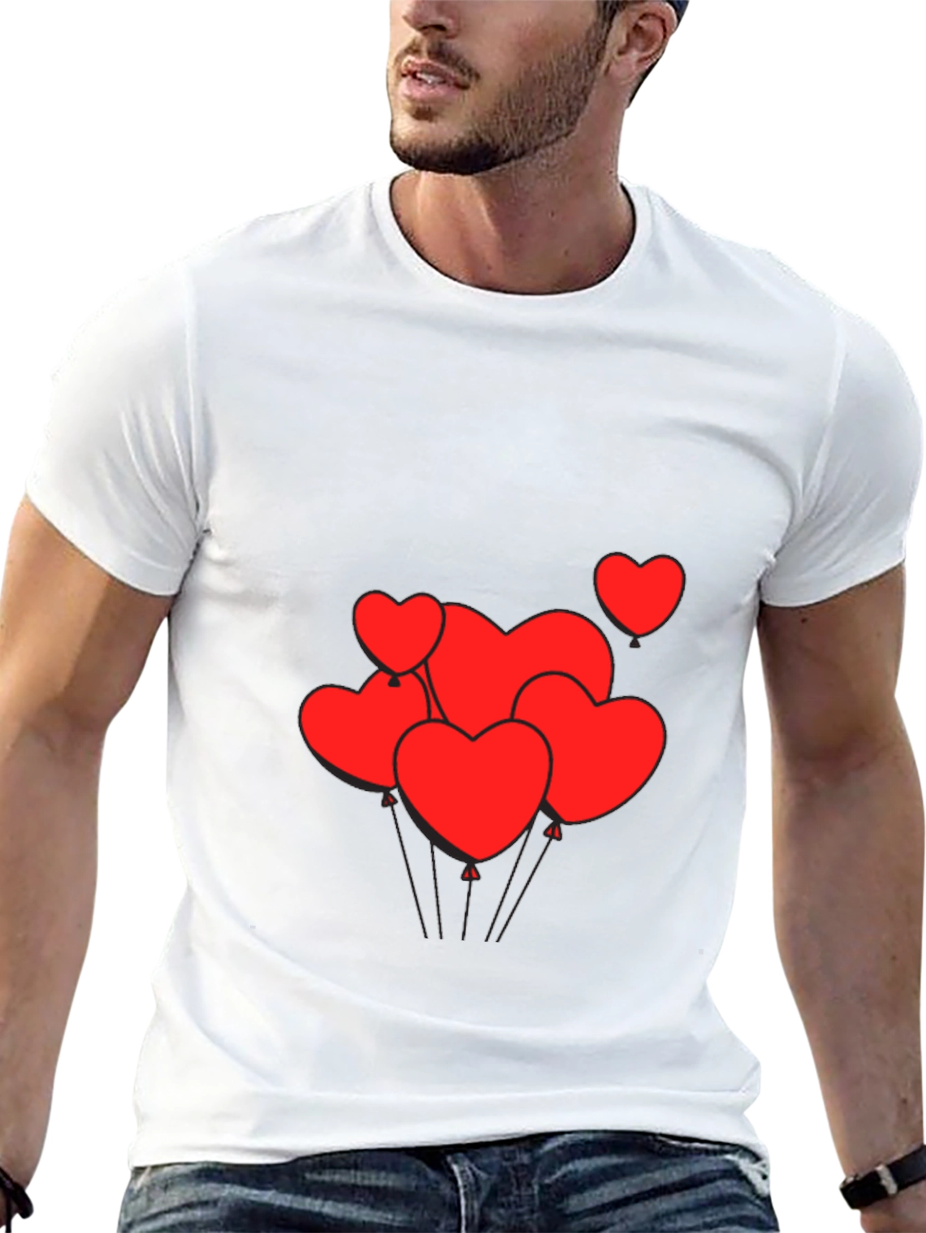 Mens Black T-Shirt with Heart Balloons Graphic