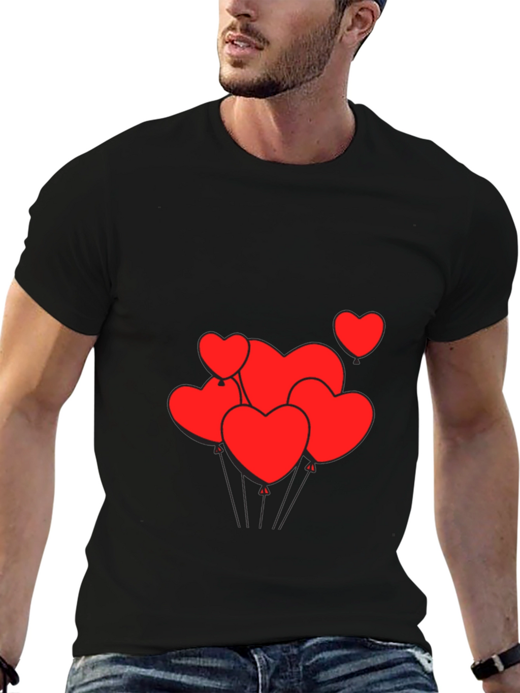Mens Black T-Shirt with Heart Balloons Graphic