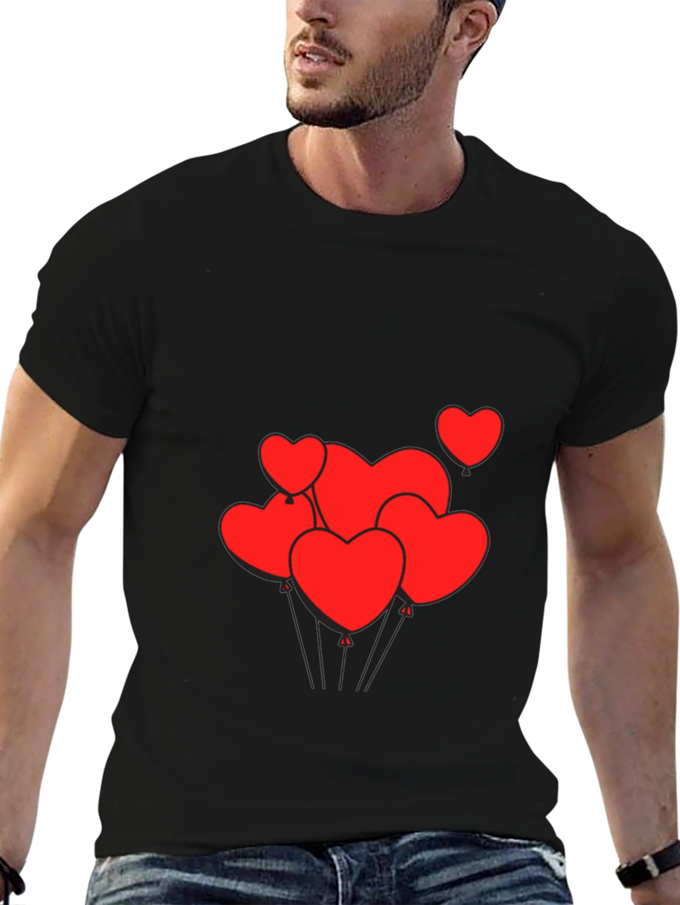 Mens Black T-Shirt with Heart Balloons Graphic