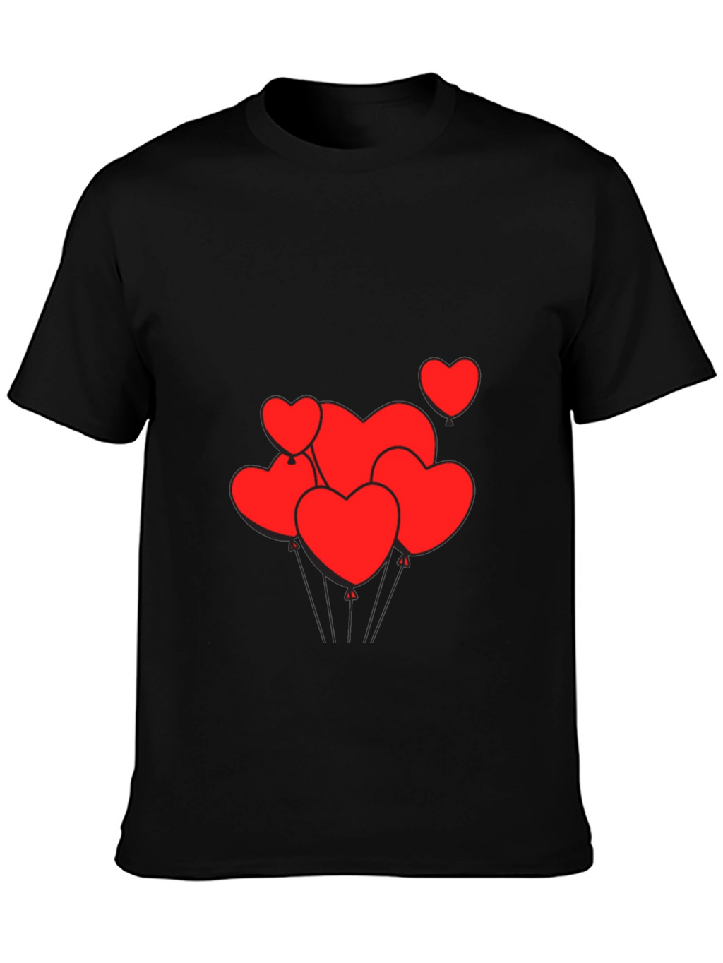 Mens Black T-Shirt with Heart Balloons Graphic