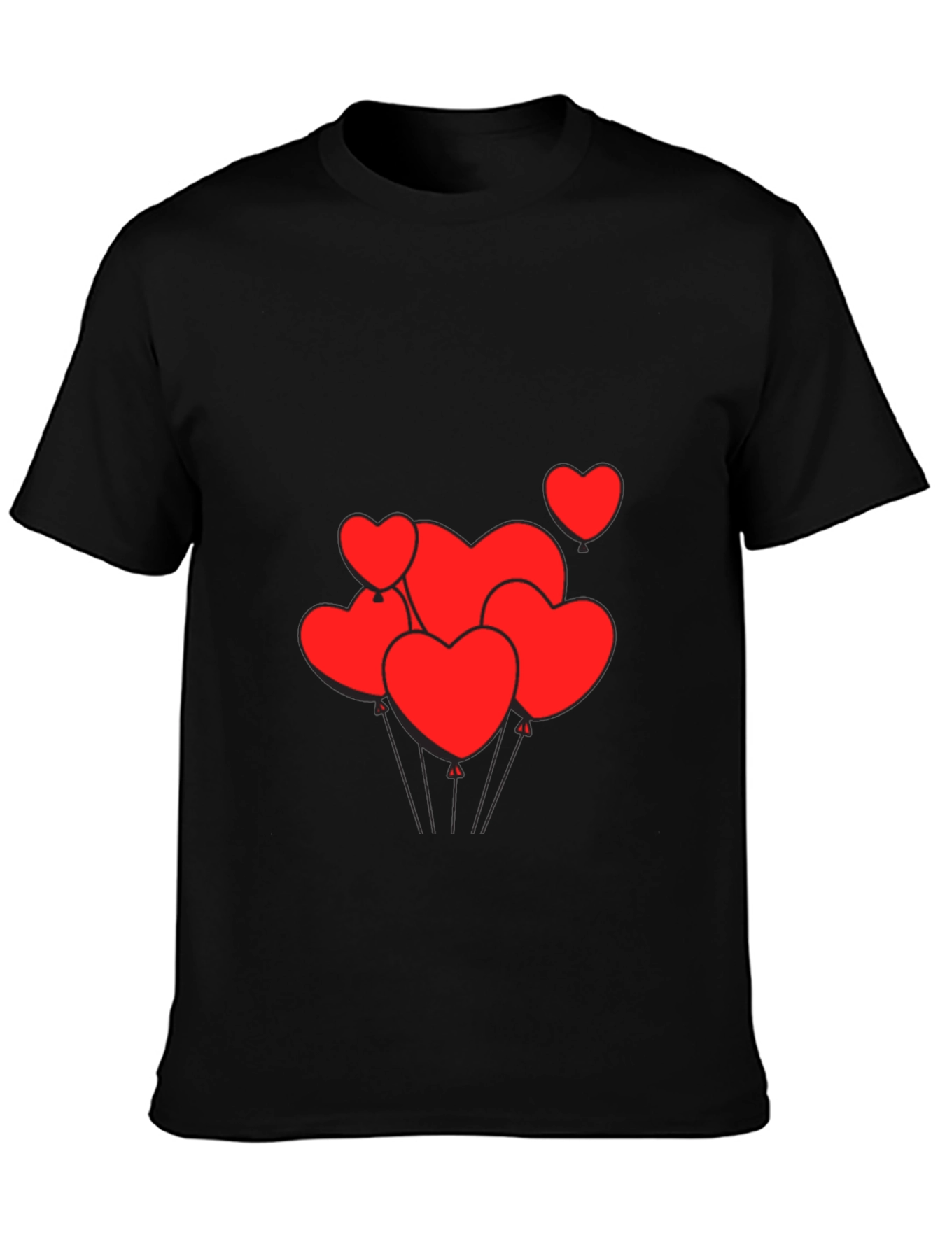 Mens Black T-Shirt with Heart Balloons Graphic