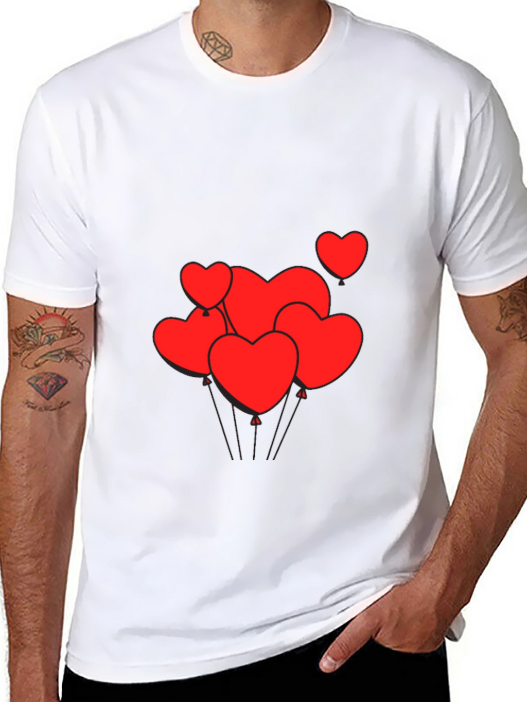 Mens Black T-Shirt with Heart Balloons Graphic