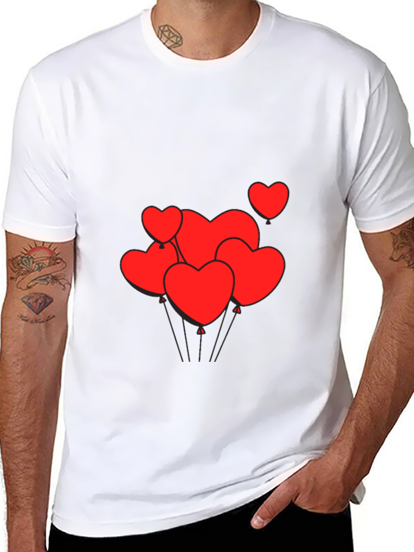 Mens Black T-Shirt with Heart Balloons Graphic