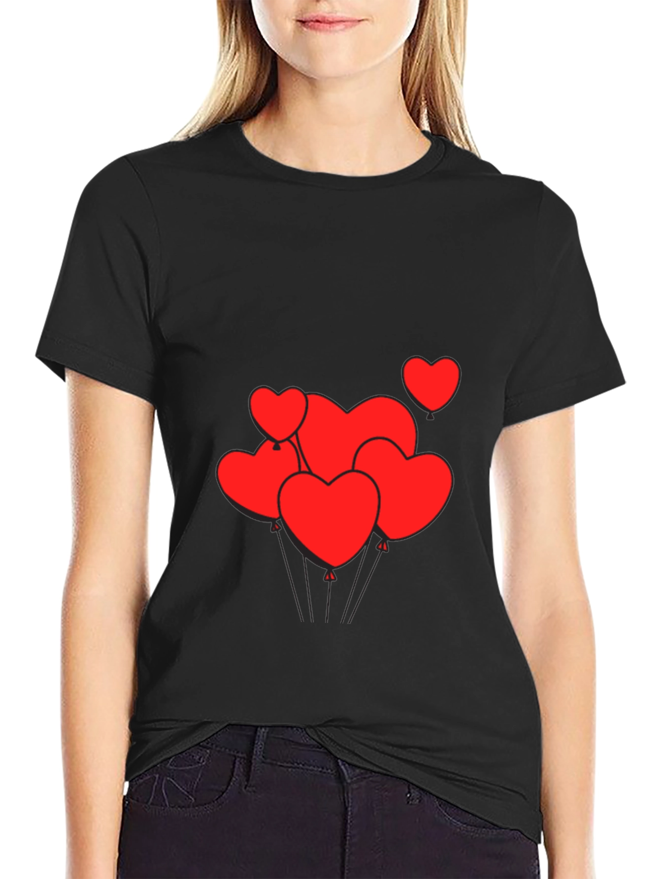 Mens Black T-Shirt with Heart Balloons Graphic