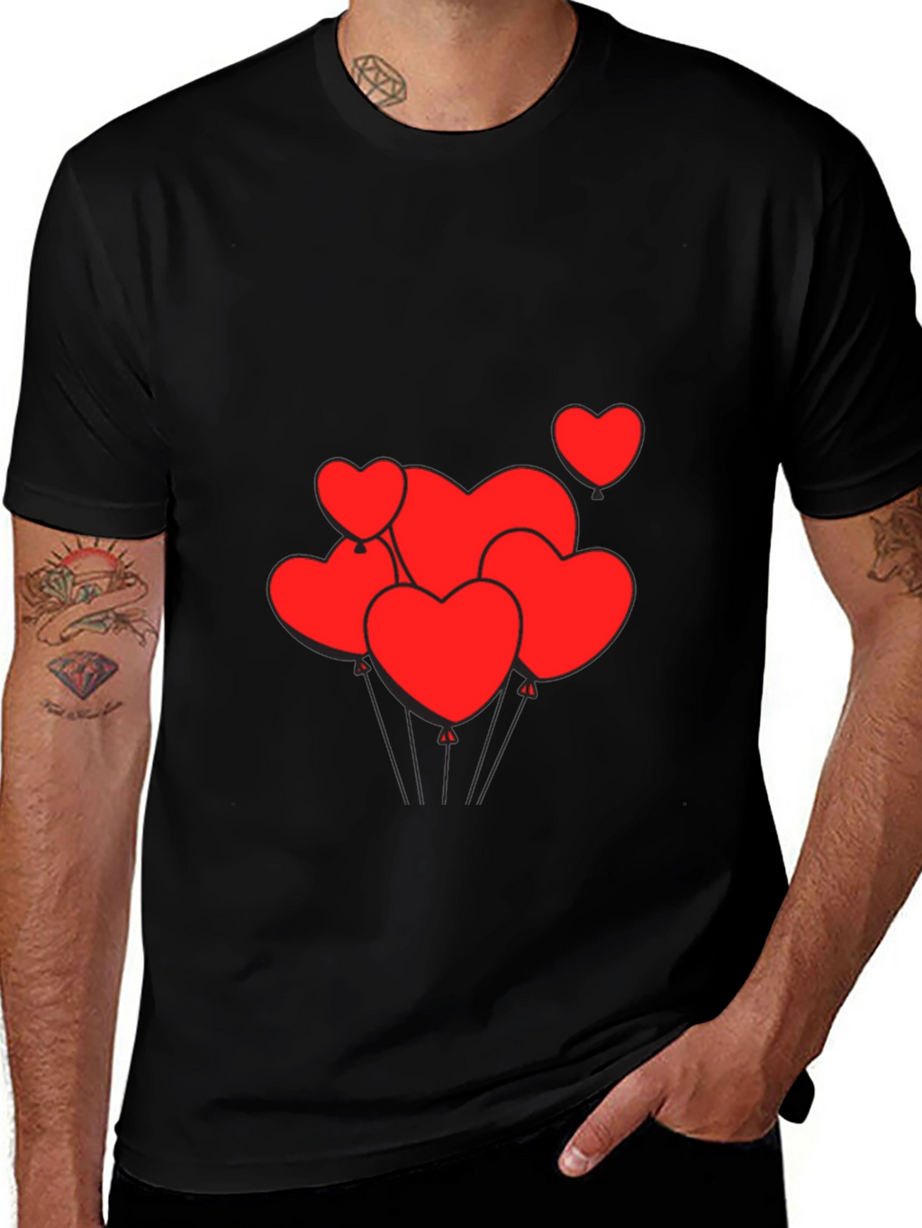 Mens Black T-Shirt with Heart Balloons Graphic