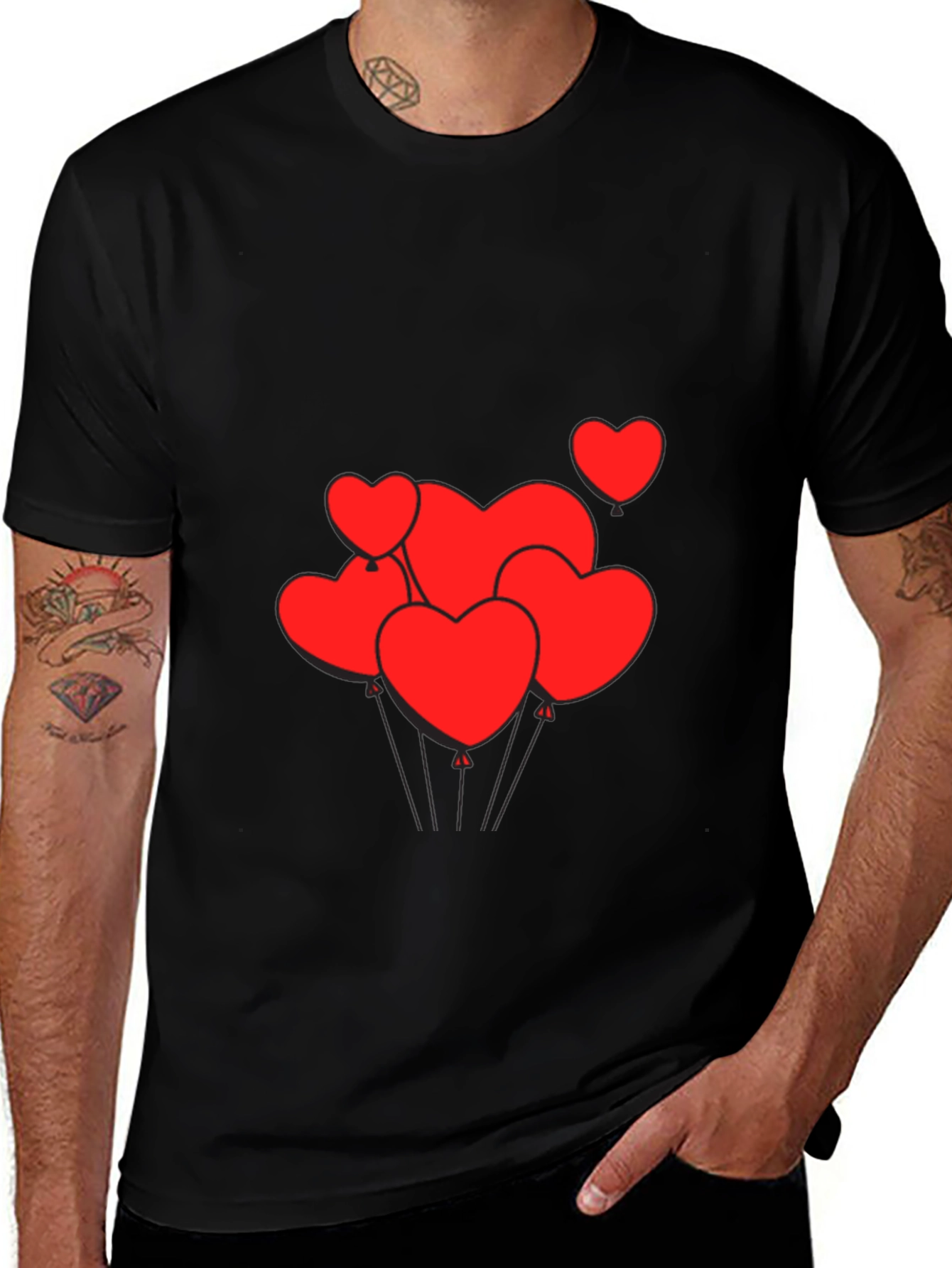 Mens Black T-Shirt with Heart Balloons Graphic