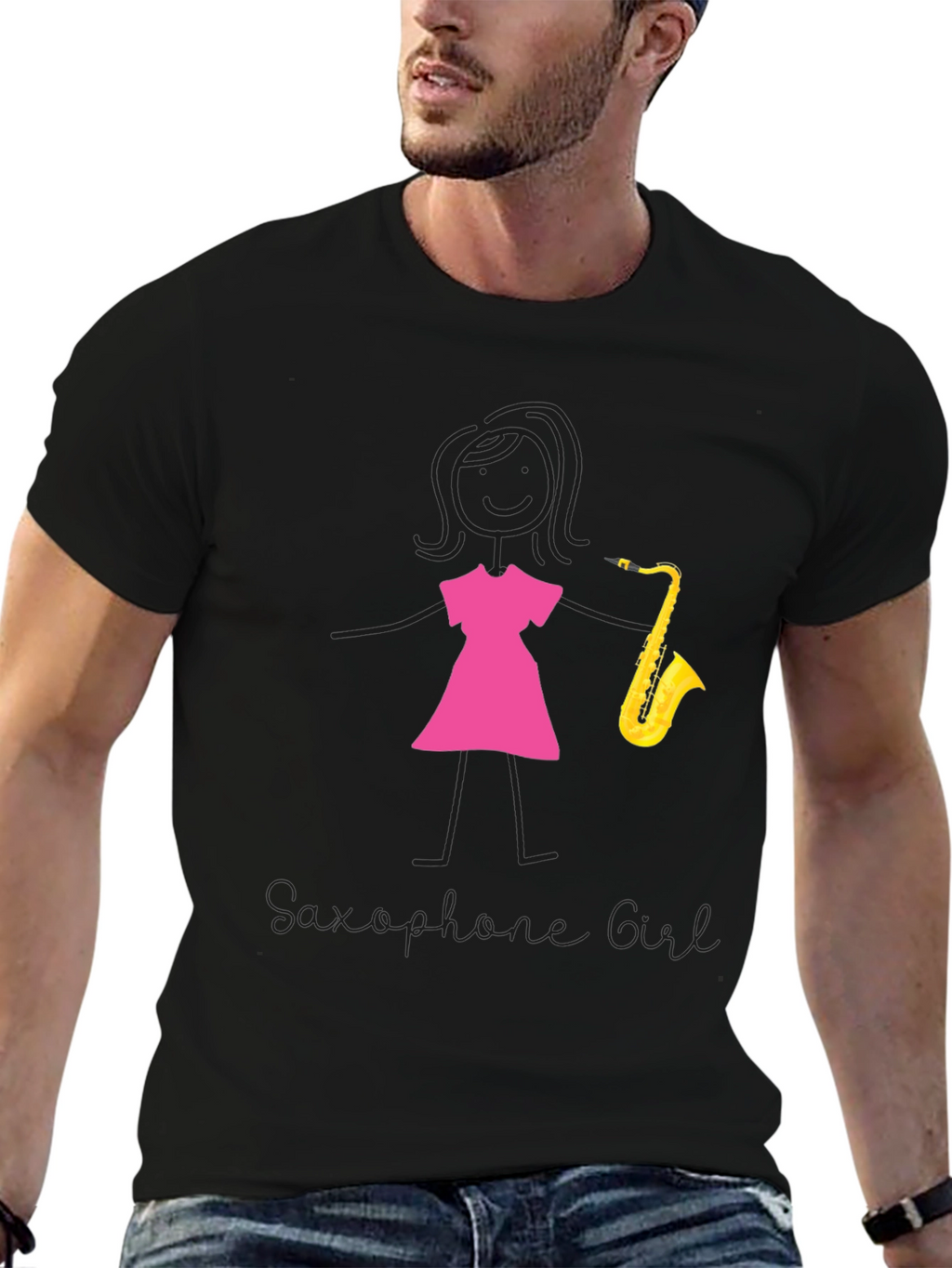 Saxophone Girl Graphic Tee - Black Cotton Casual Shirt