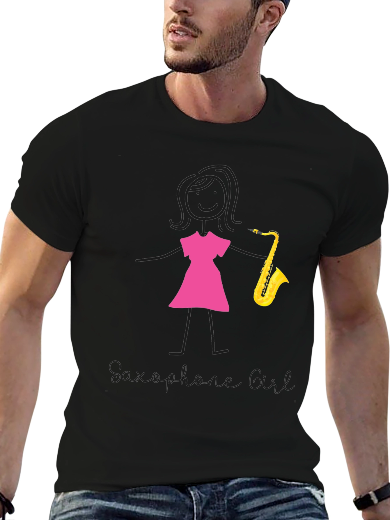 Saxophone Girl Graphic Tee - Black Cotton Casual Shirt