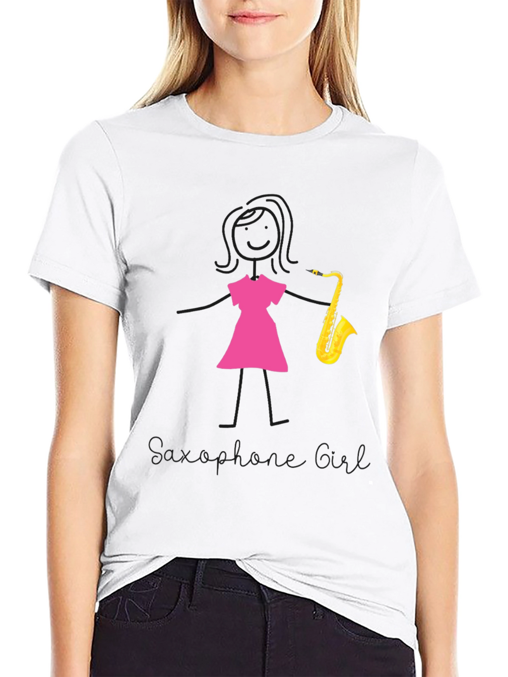 Saxophone Girl Graphic Tee - Black Cotton Casual Shirt