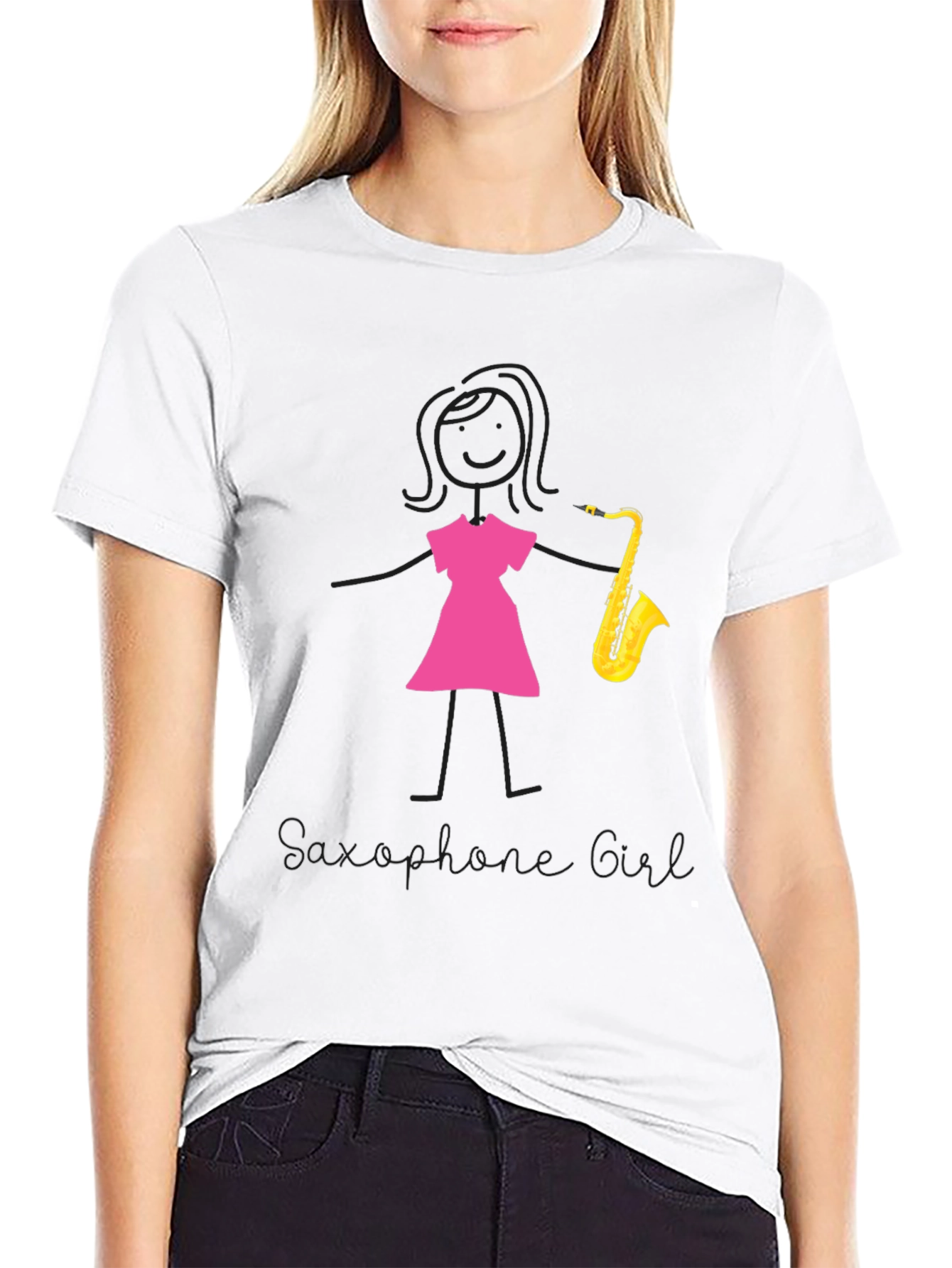 Saxophone Girl Graphic Tee - Black Cotton Casual Shirt