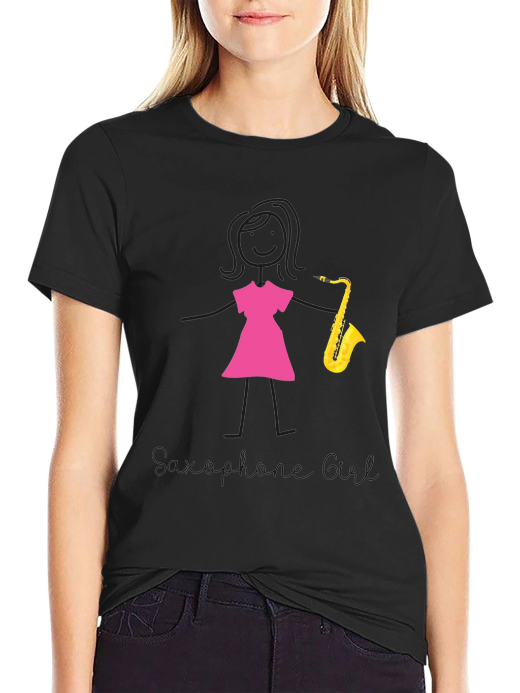 Saxophone Girl Graphic Tee - Black Cotton Casual Shirt