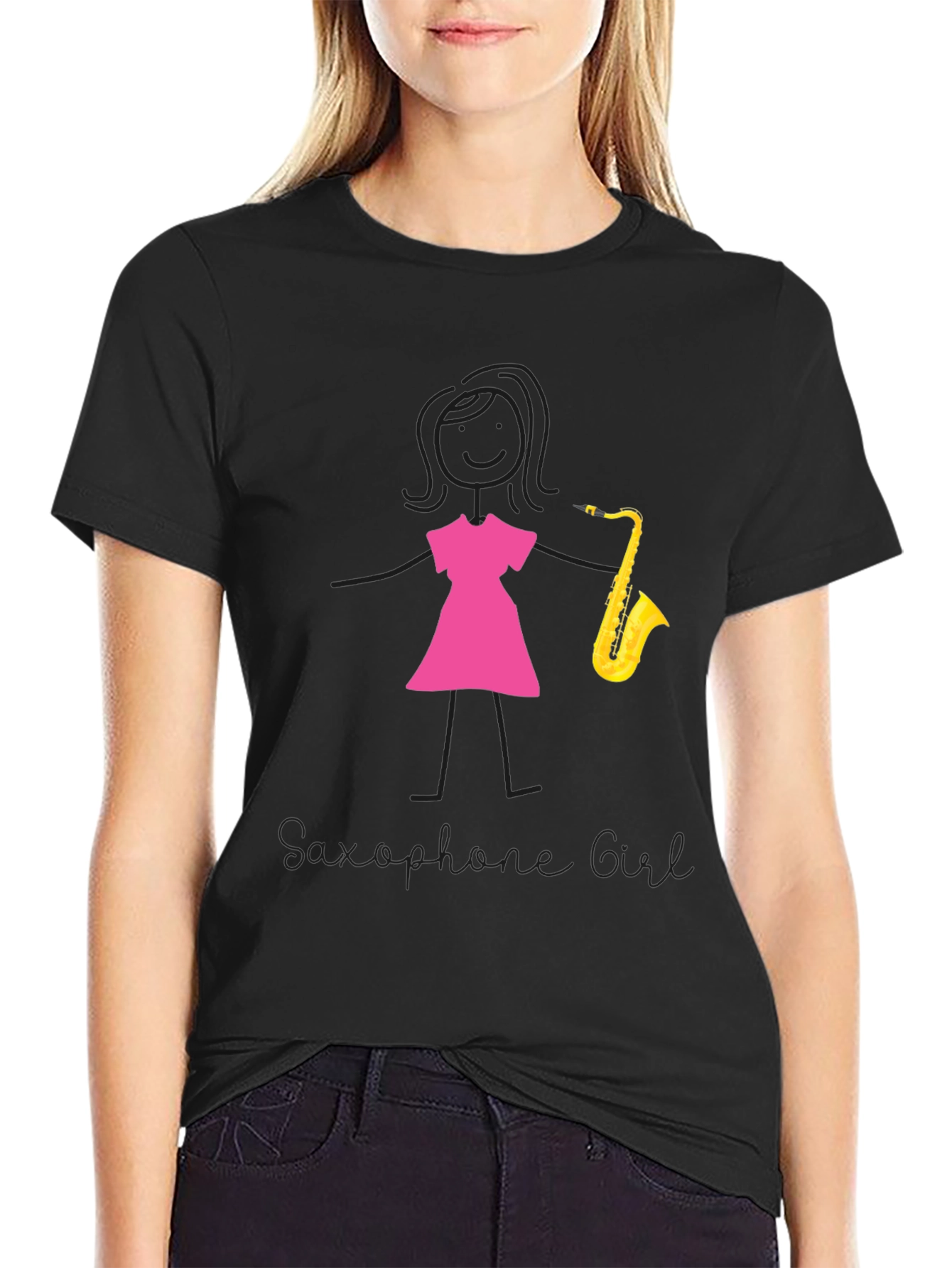 Saxophone Girl Graphic Tee - Black Cotton Casual Shirt