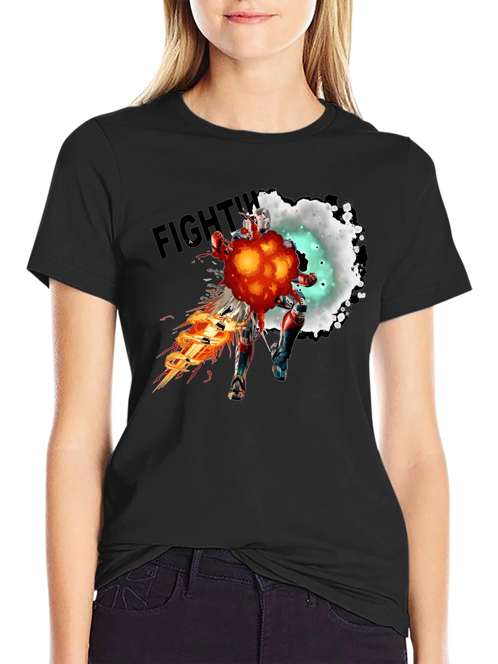 Fighting Robot Graphic T-Shirt - Black Crew Neck