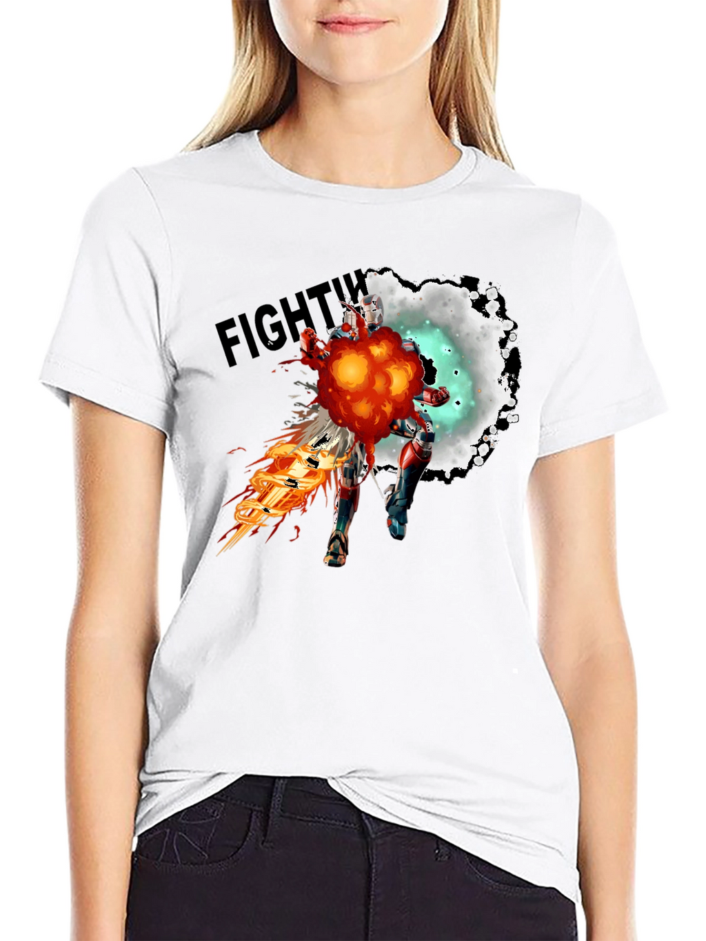 Fighting Robot Graphic T-Shirt - Black Crew Neck