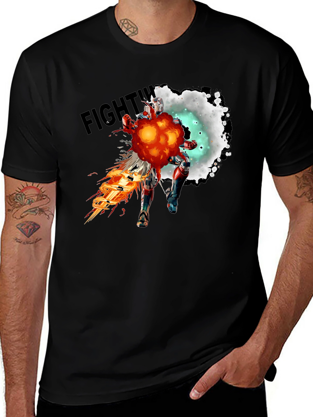 Fighting Robot Graphic T-Shirt - Black Crew Neck