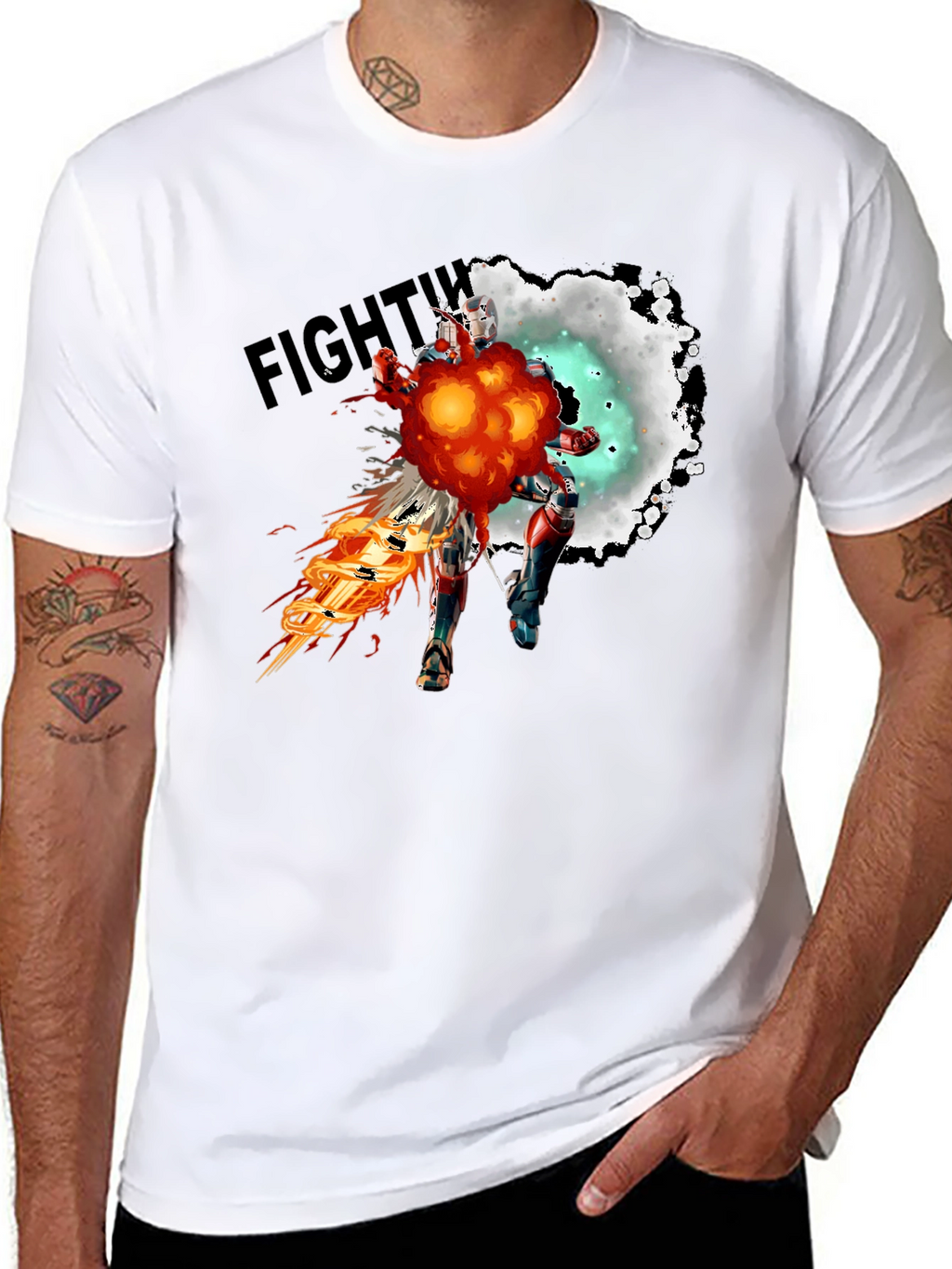Fighting Robot Graphic T-Shirt - Black Crew Neck