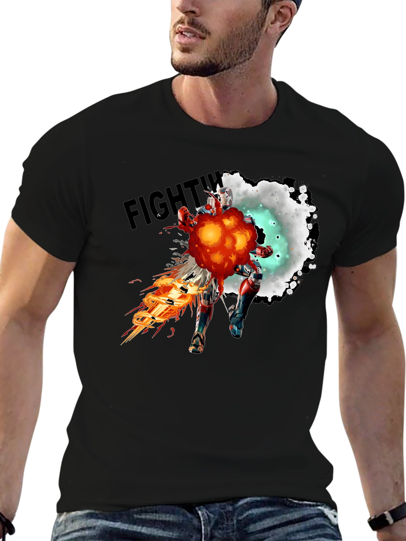 Fighting Robot Graphic T-Shirt - Black Crew Neck