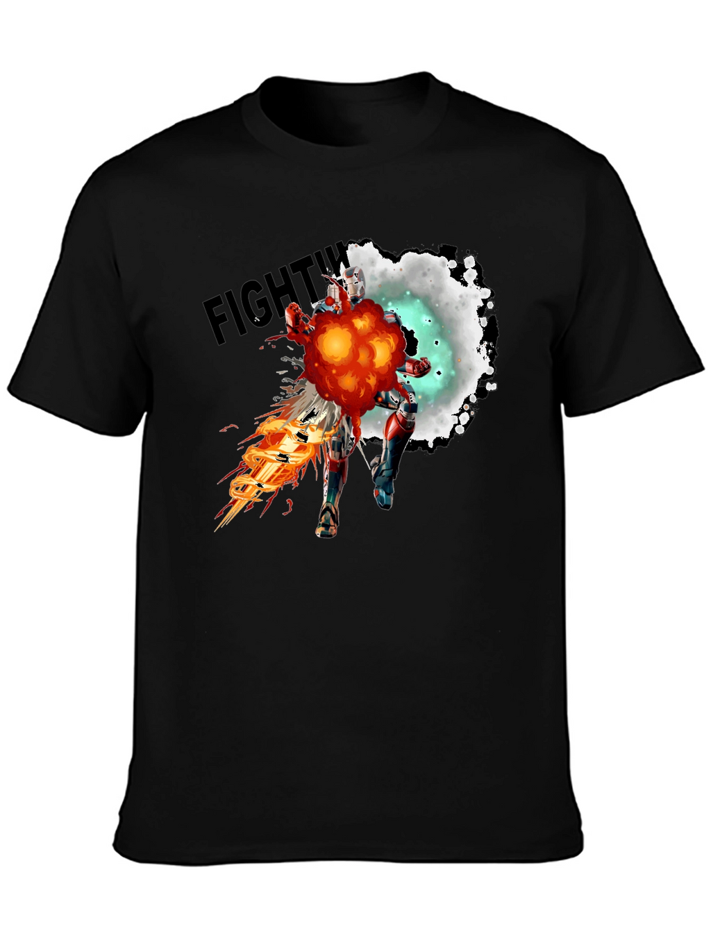 Fighting Robot Graphic T-Shirt - Black Crew Neck