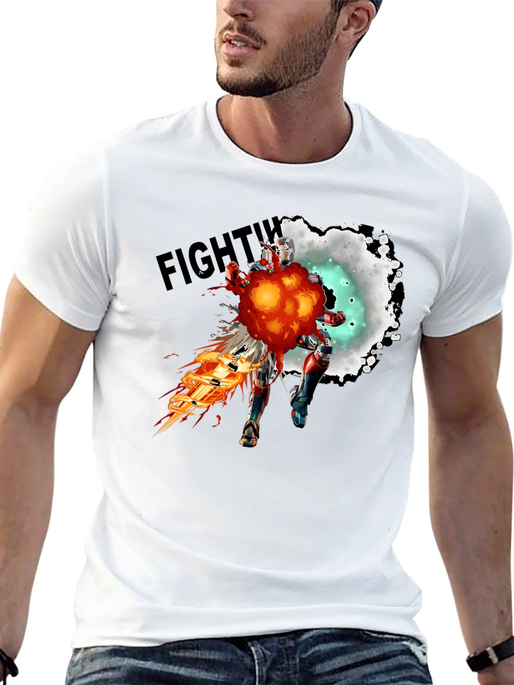 Fighting Robot Graphic T-Shirt - Black Crew Neck