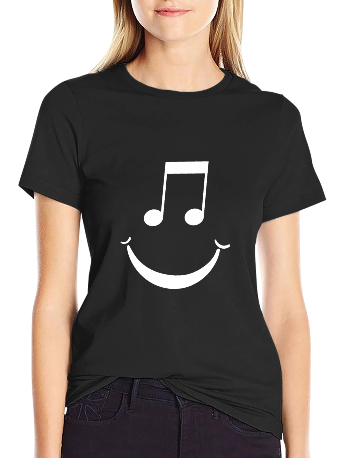 Musical Note Smiley Face Black Graphic Tee