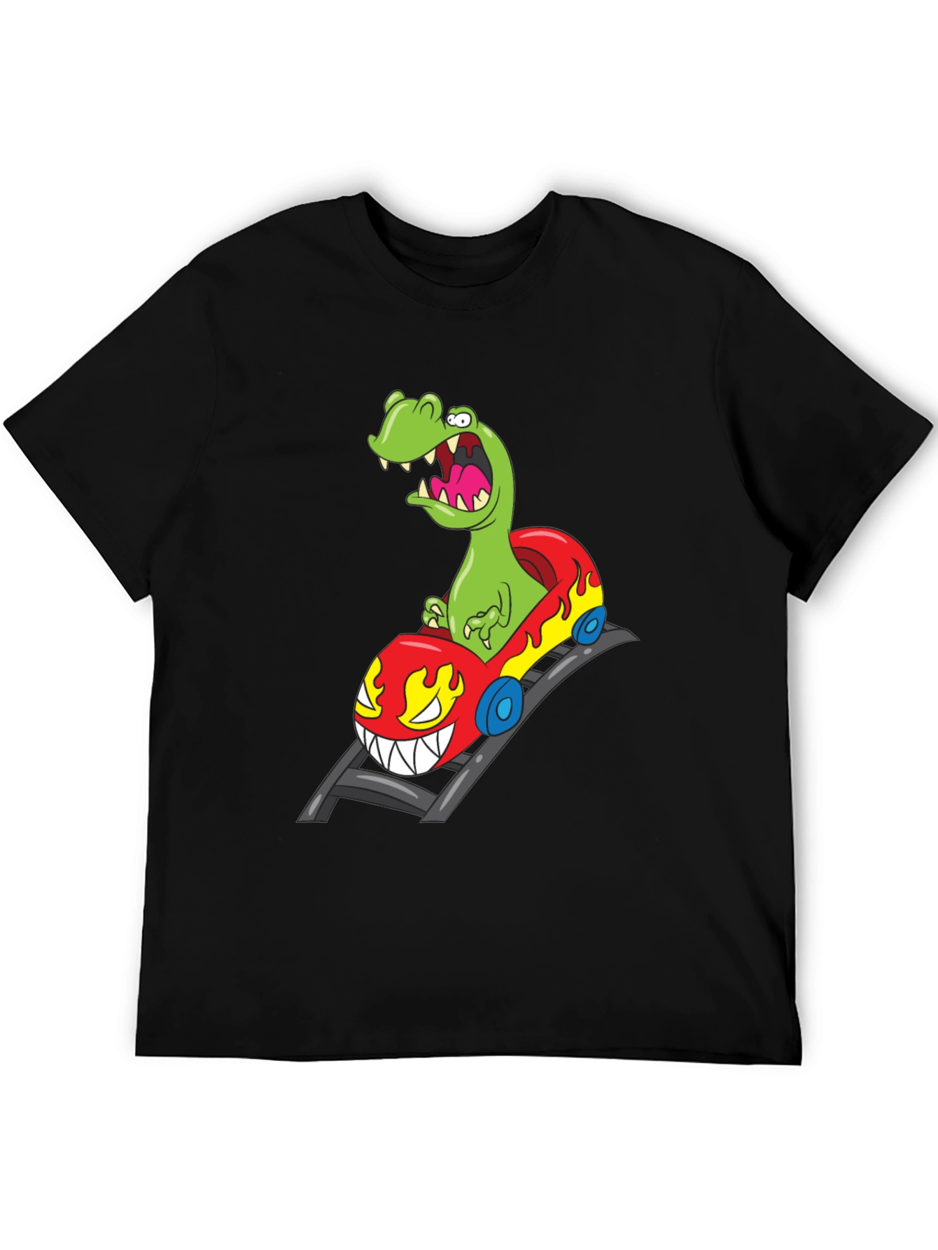 Dino Roller Coaster Graphic Tee - Black Cotton Shirt