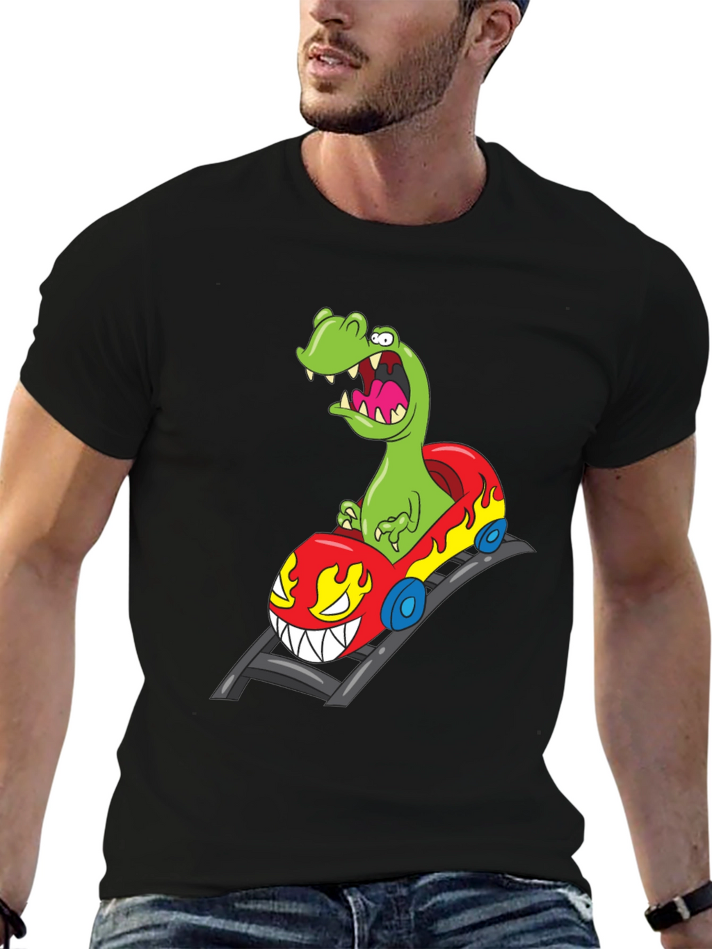 Dino Roller Coaster Graphic Tee - Black Cotton Shirt