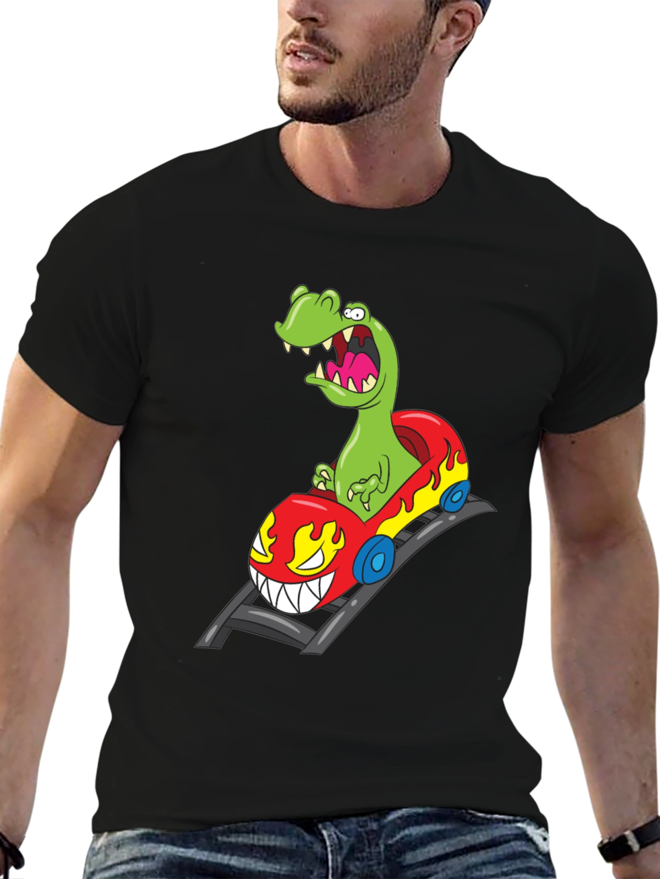Dino Roller Coaster Graphic Tee - Black Cotton Shirt