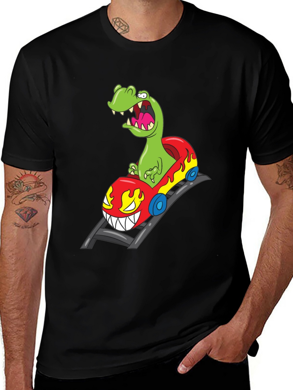 Dino Roller Coaster Graphic Tee - Black Cotton Shirt