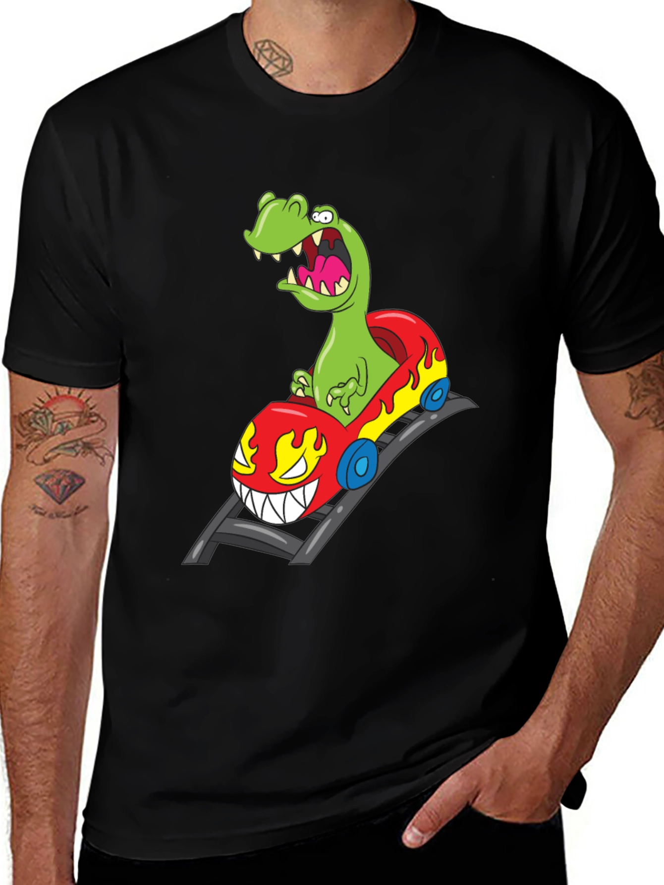 Dino Roller Coaster Graphic Tee - Black Cotton Shirt