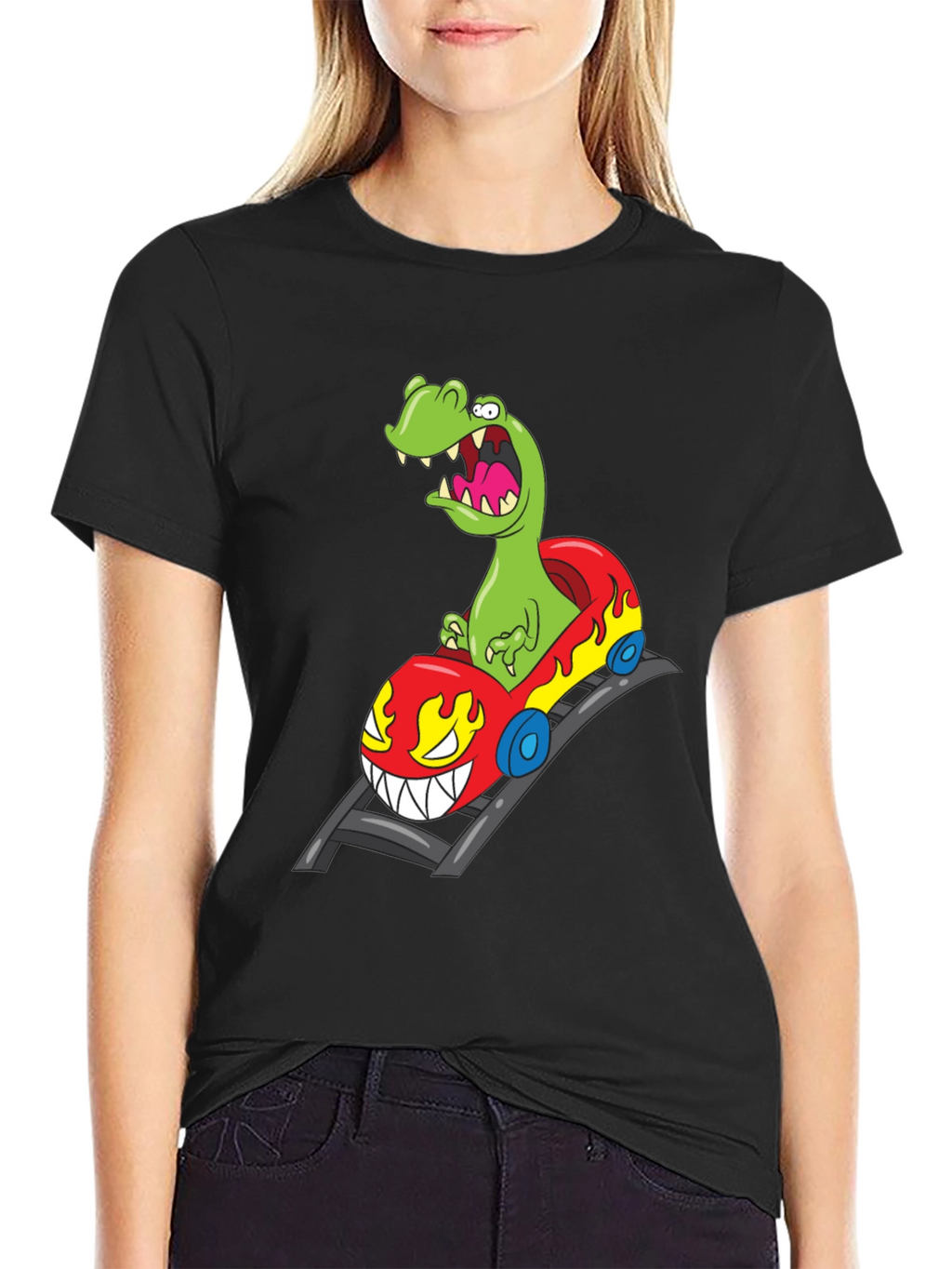 Dino Roller Coaster Graphic Tee - Black Cotton Shirt