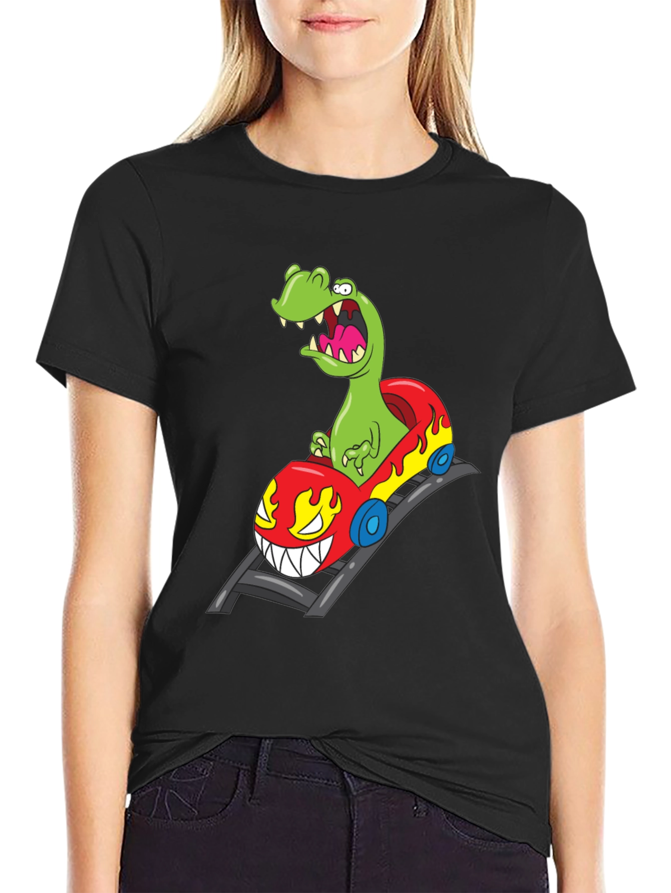 Dino Roller Coaster Graphic Tee - Black Cotton Shirt