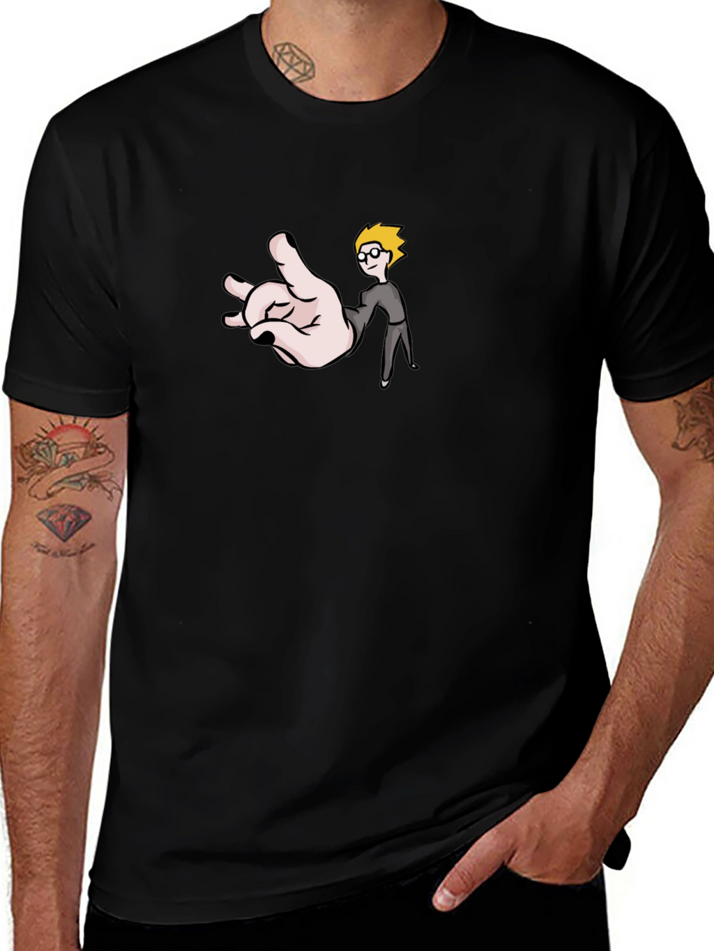 Funny Hand & Guy Graphic T-Shirt - Black