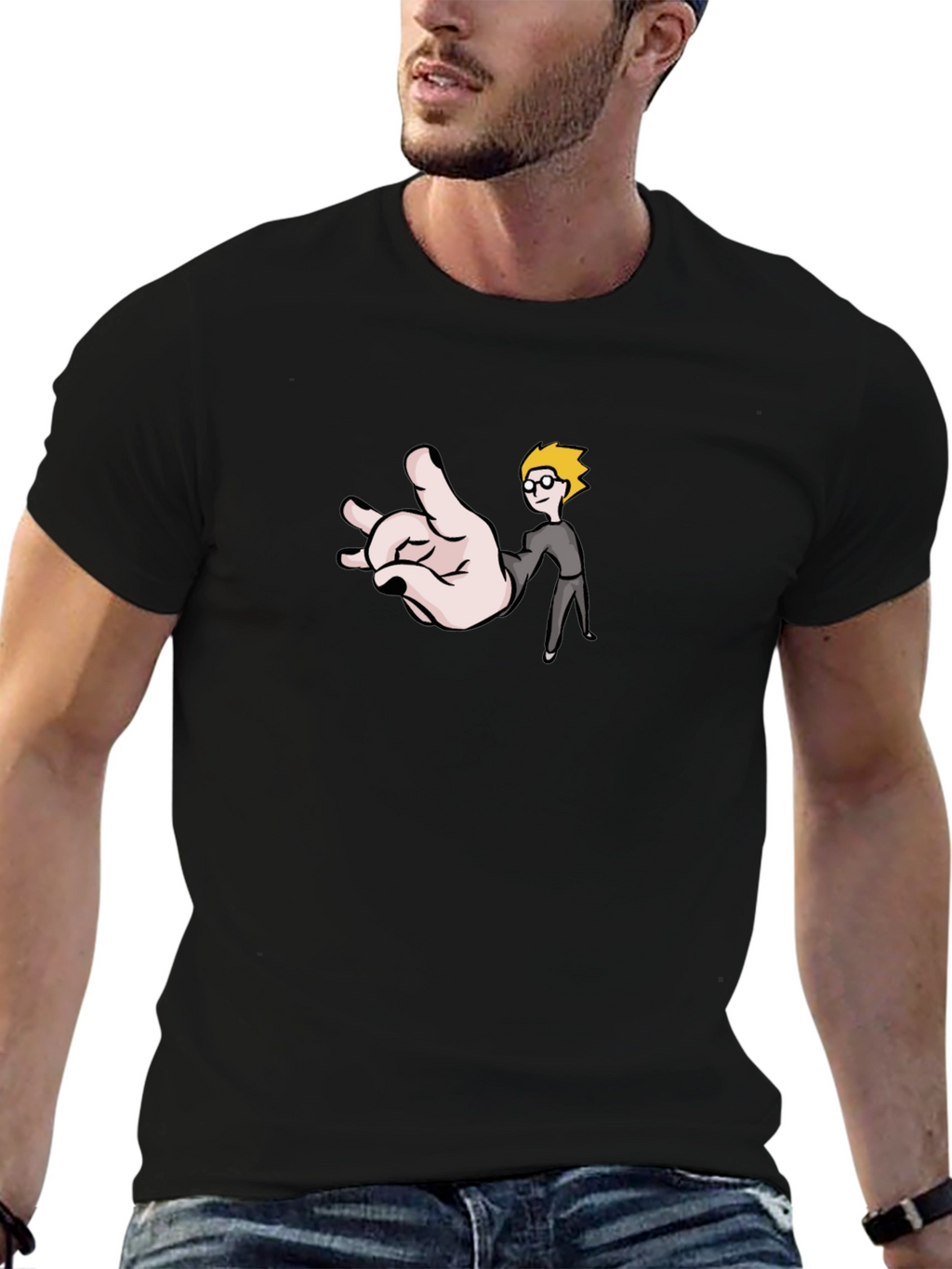 Funny Hand & Guy Graphic T-Shirt - Black