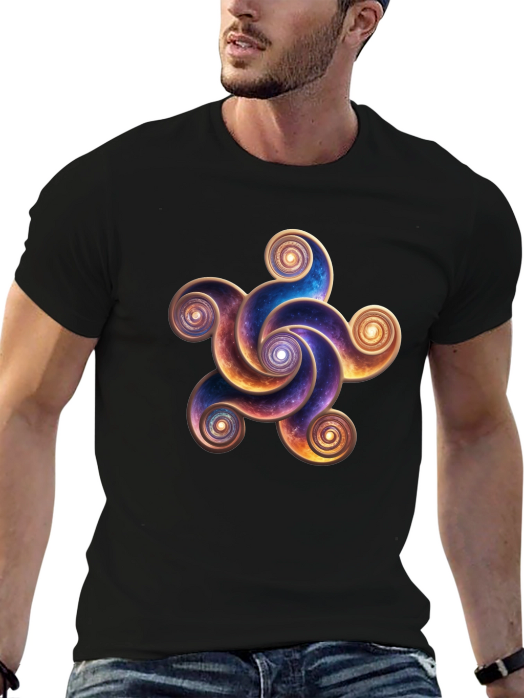Cosmic Spiral Design Black T-Shirt