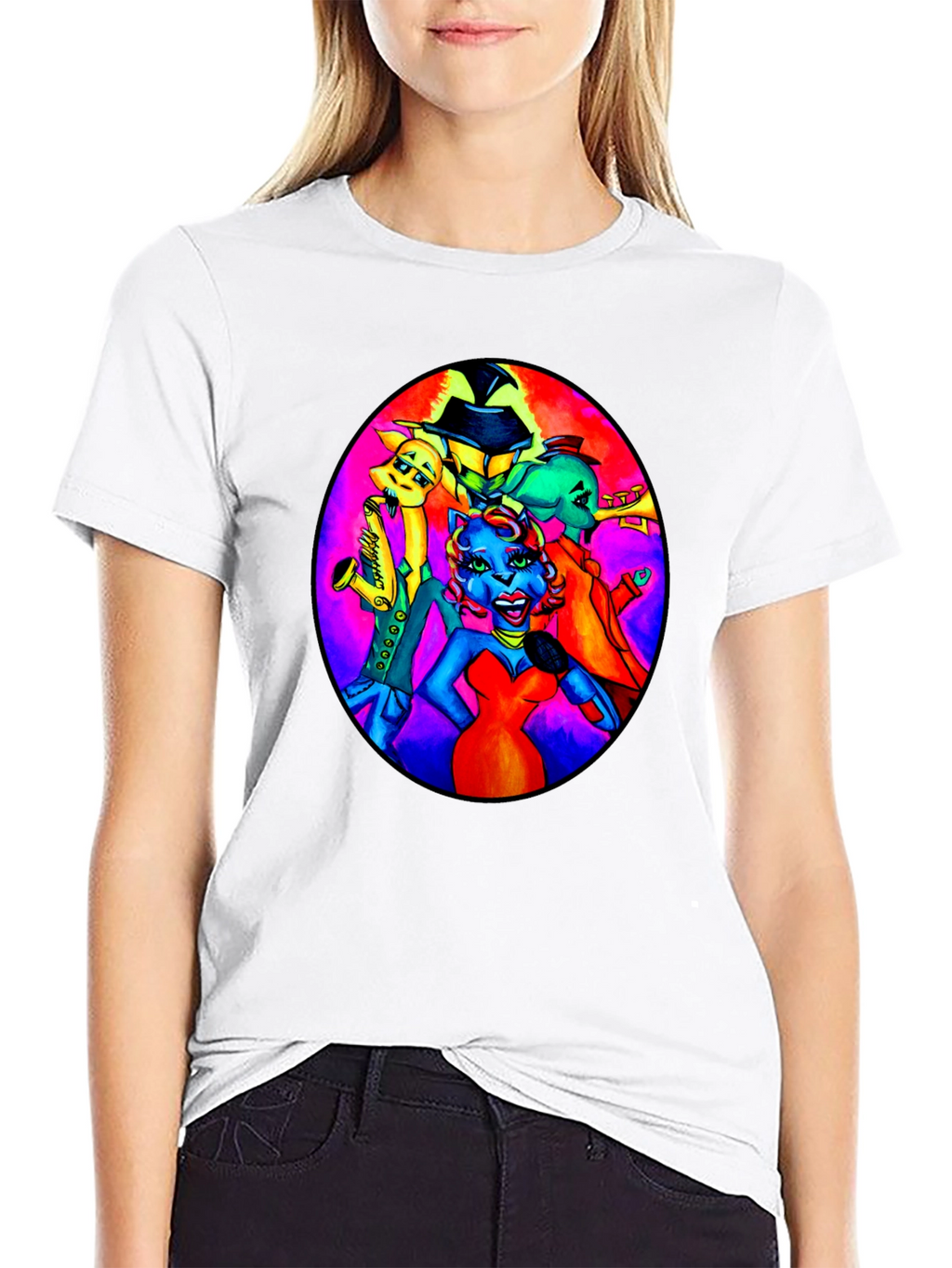 Black T-Shirt with Retro Cartoon Band Print
