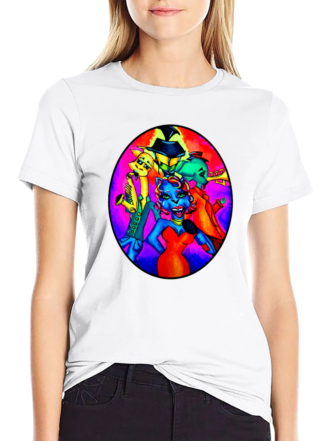Black T-Shirt with Retro Cartoon Band Print