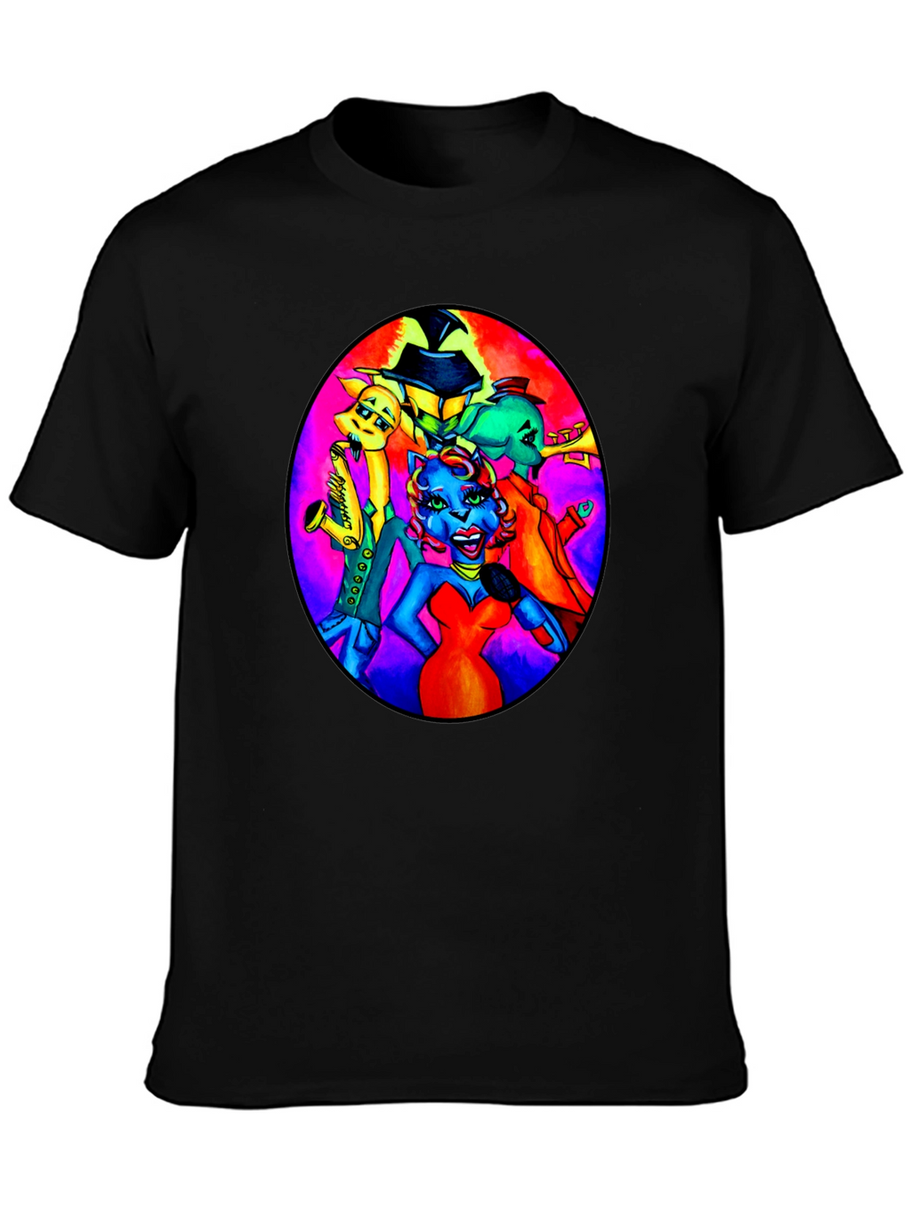 Black T-Shirt with Retro Cartoon Band Print