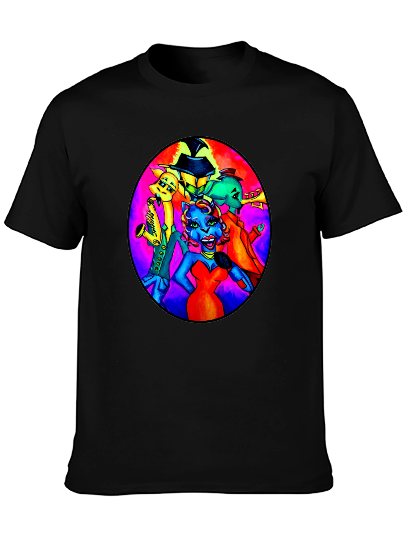 Black T-Shirt with Retro Cartoon Band Print